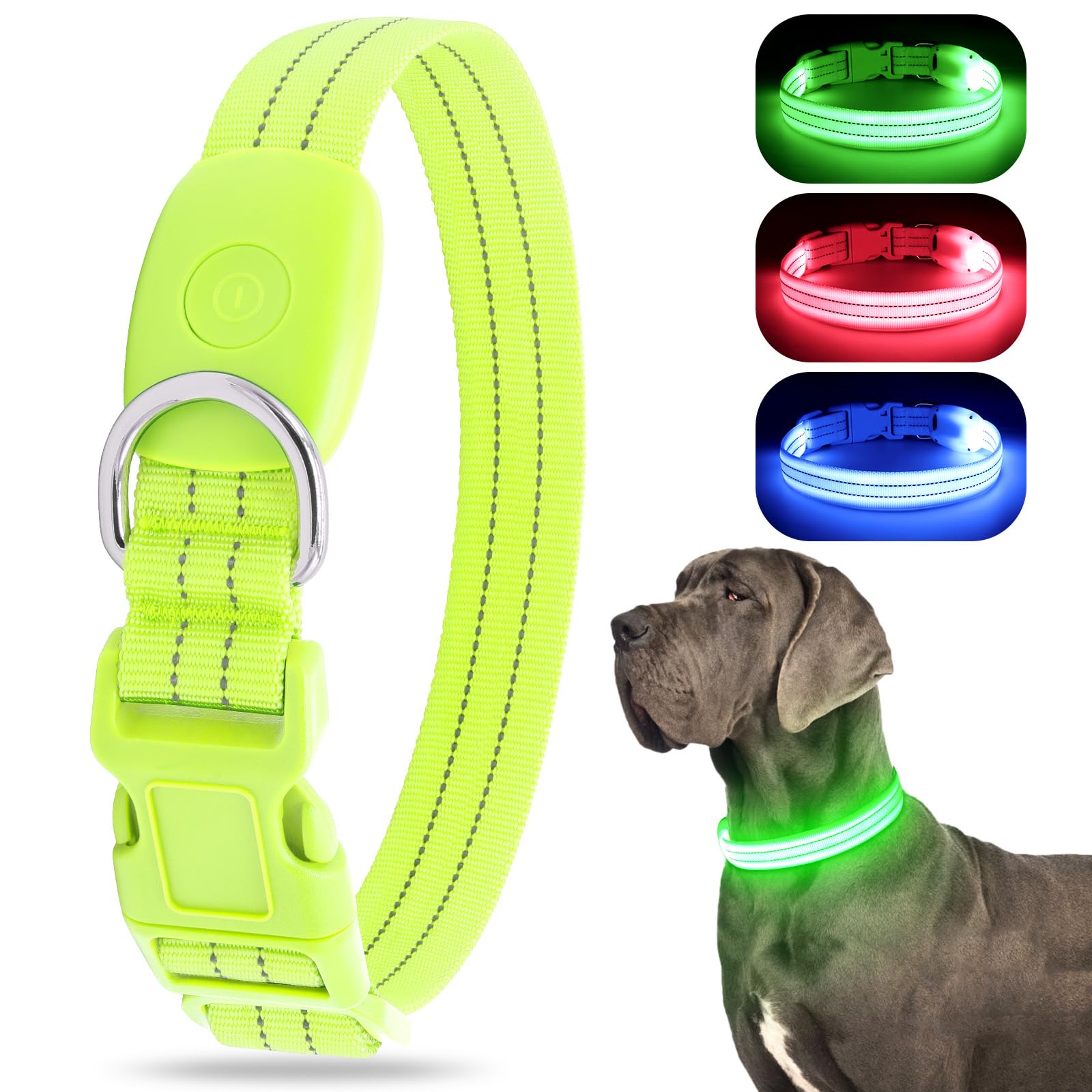 Led Lighted Reflective Dog Collar For Night Safety, Usb Rechargeable, Glow Collar For Dogs, Waterproof Adjustable Flashing (Gree