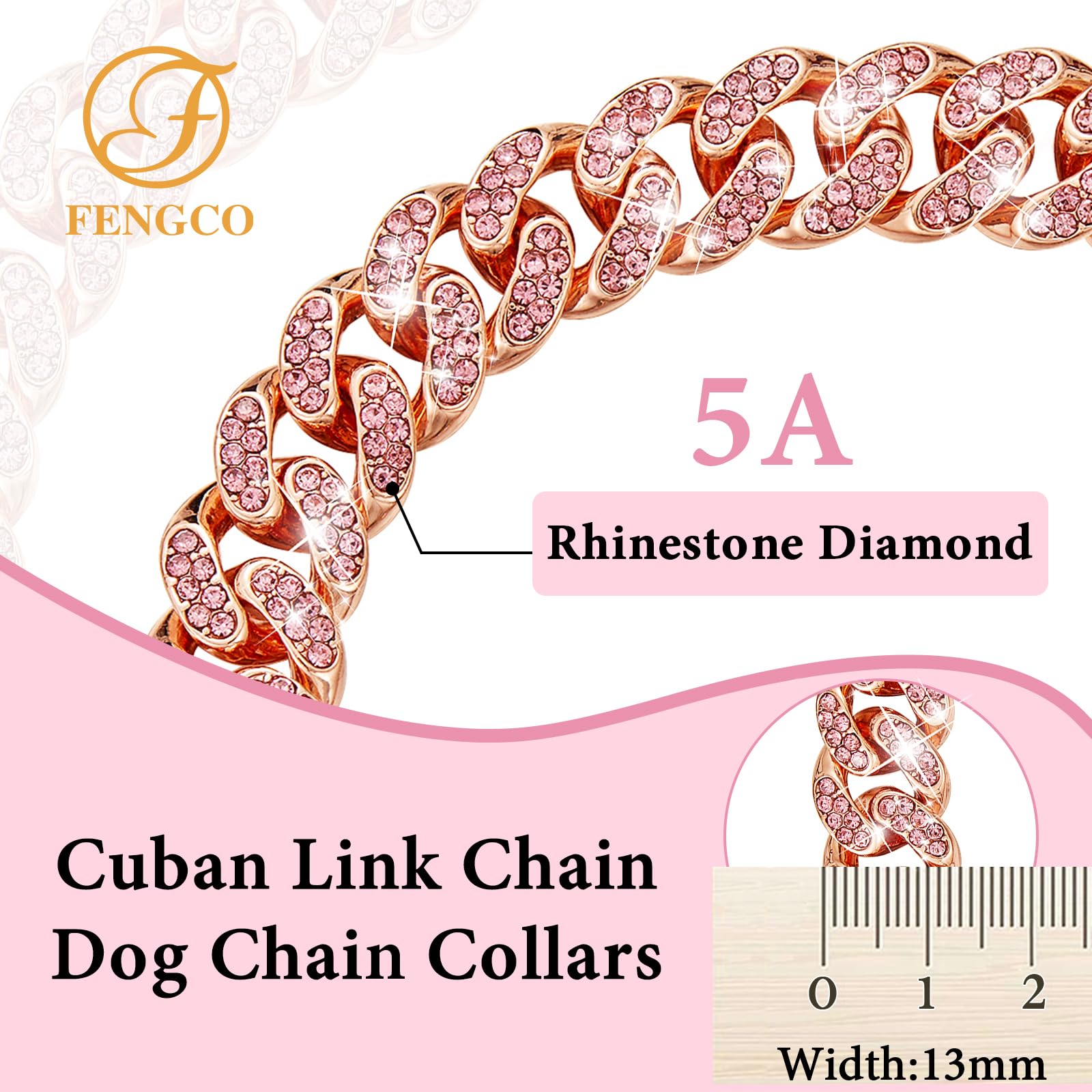 Rosegold Dog Chain Collar Diamond Cuban Link Dog Collar 13Mm Wide Dog Necklace Metal Cat Chain Pet Crystal Collar Jewelry Access