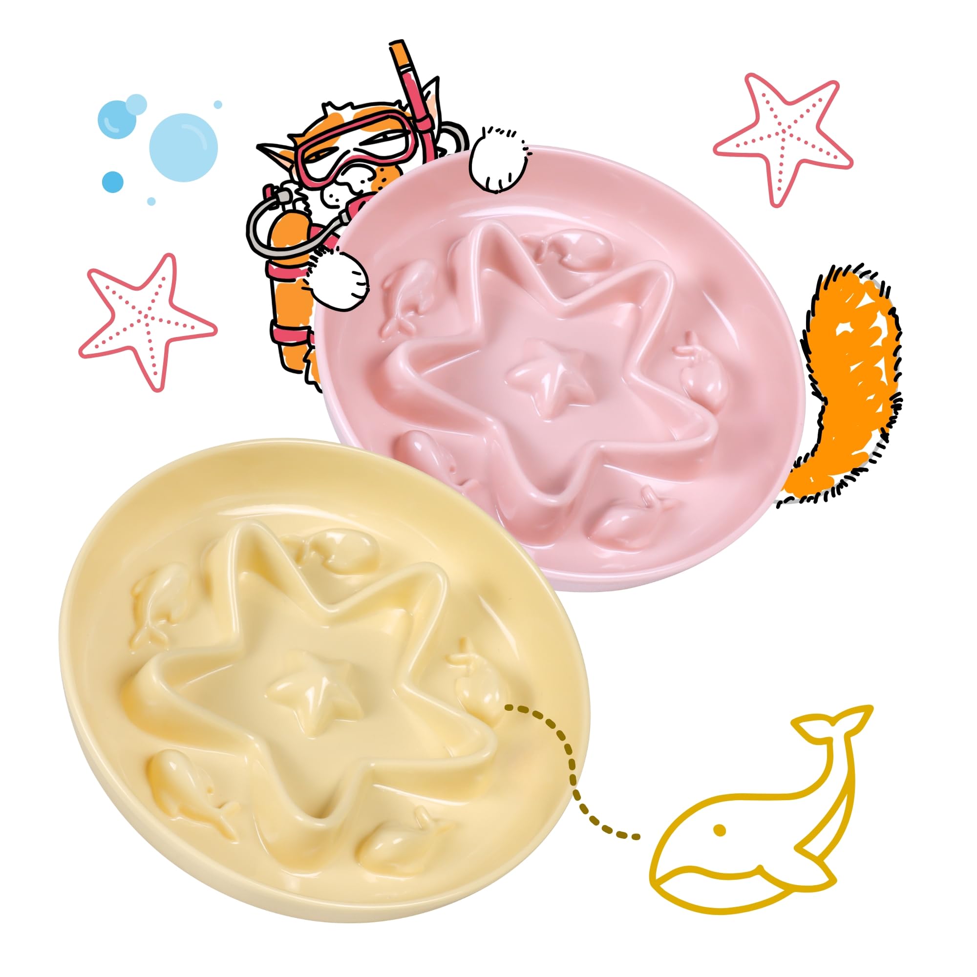2 Pcs Cat Slow Feeder Bowl - Whisker Friendly Melamine Puzzle Feeding Cat Bowl for Slow Eating - Wet & Dry Food - Dishwasher Saf