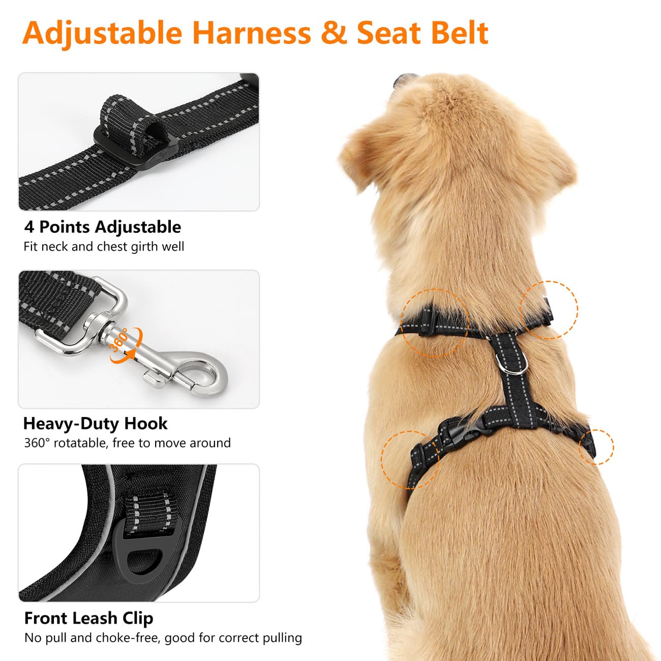 Vavopaw Dog Seat Belt, Safety Vest Dog Car Harness With Reflective Strip & Adjustable Buckle Dog Seat Belt For Vehicle Nylon Pet Safety Seat Belts Heavy Duty(Xl, Carbon Black)