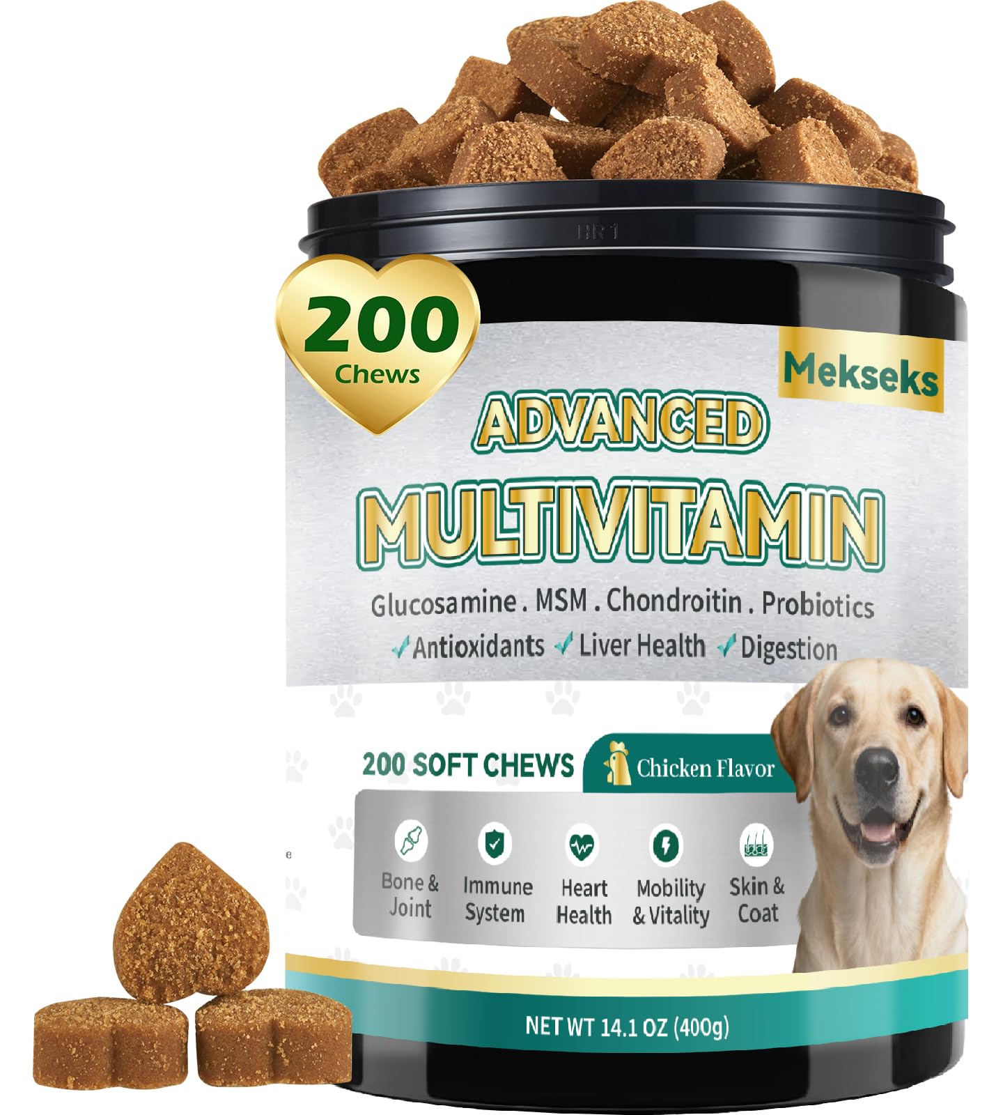 Advanced 24-in-1 Multivitamin Chews for Dogs - 200 Soft Chewable All-in-One Vitamin Support Supplement for Dog Skin Coat Itch Re
