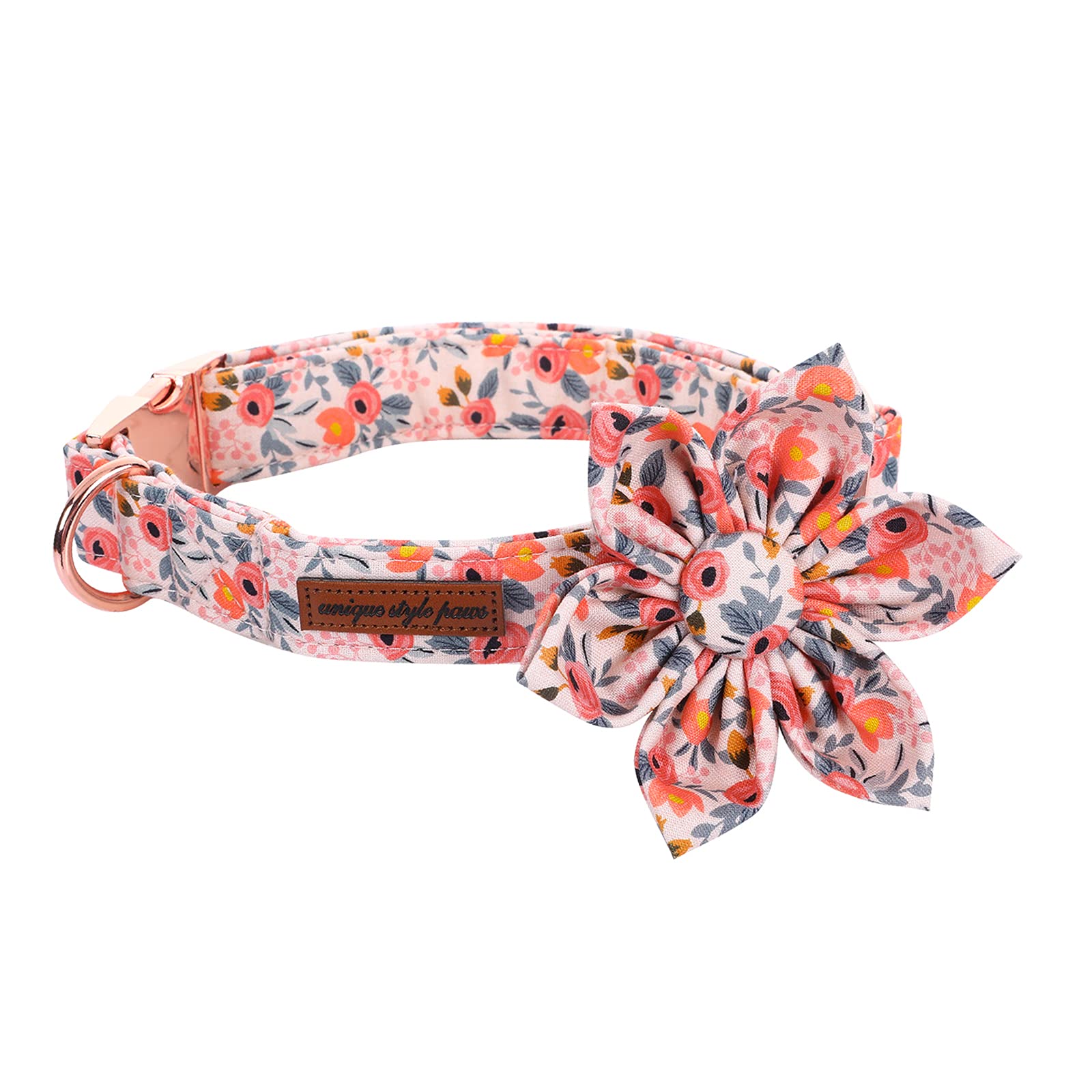 Uniqe Style Paws Flower Dog Collar, Peach Rose Adjustable Girl Dog Collar With Flower, Durable Floral Pattern Pet Collar For X-Small Female Dogs