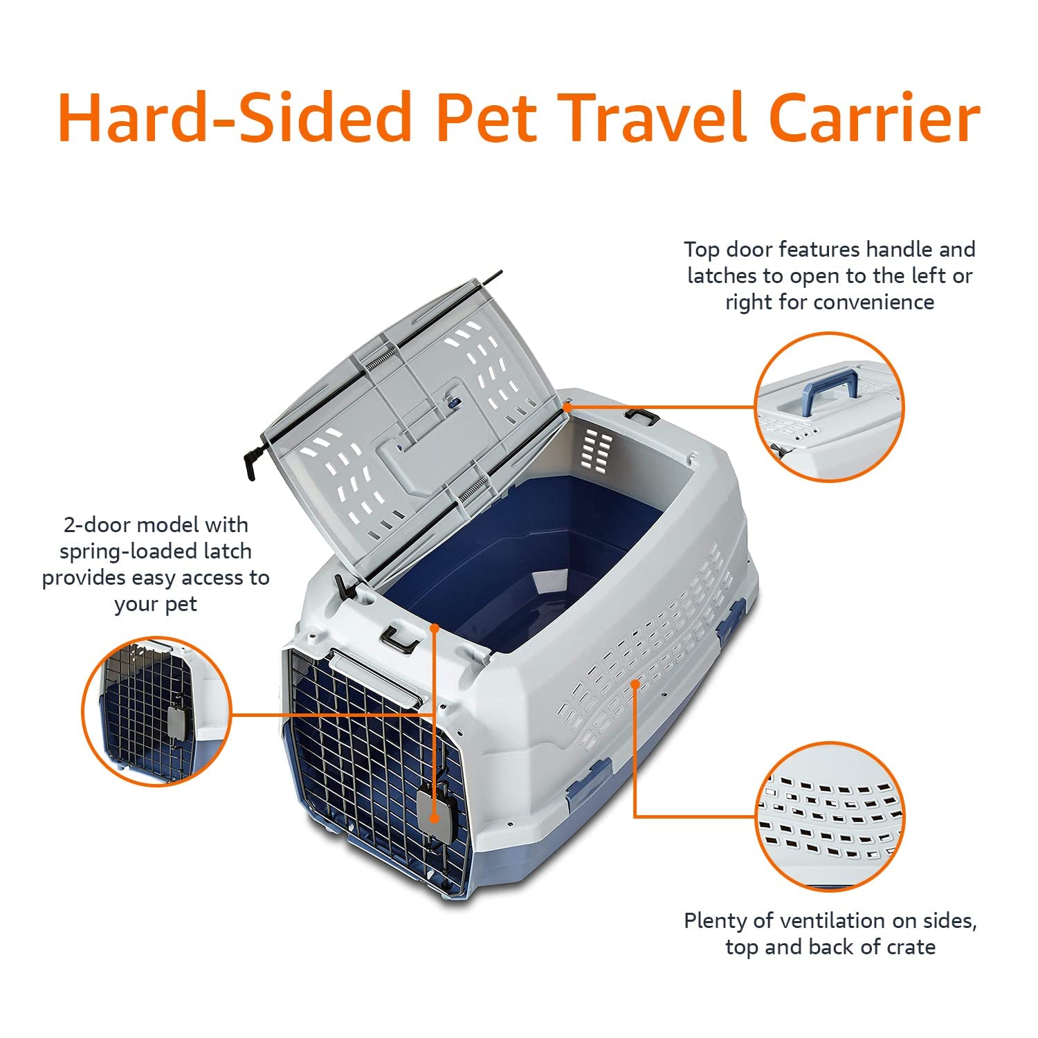 Amazon Basics - 2-Door Top-Load Hard-Sided Dogs, Cats Pet Travel Carrier, Gray & Blue, 22.8'L X 15.0'W X 13.0'H