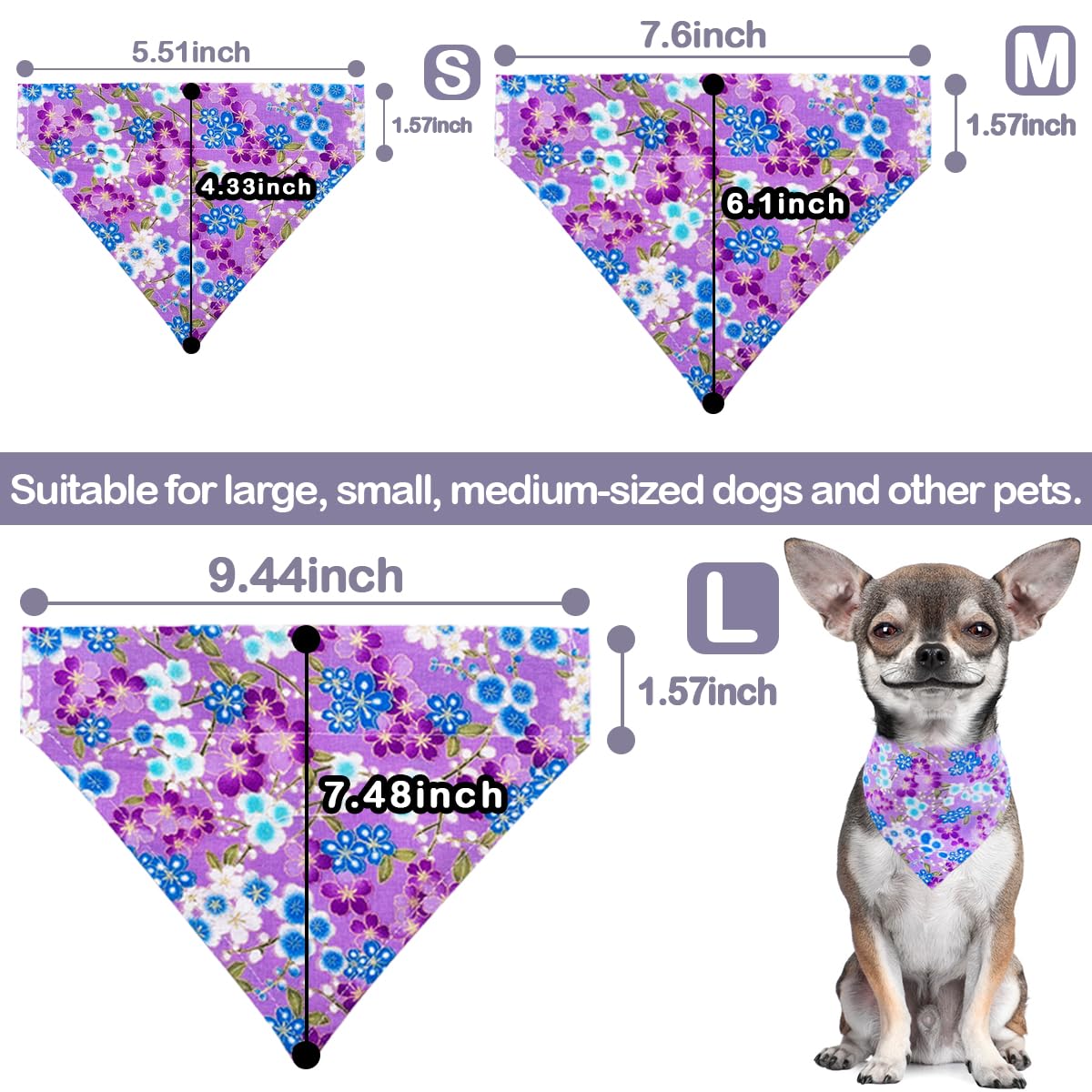 Pet Show 4Pcs Small Dog Bandanas Slide On Collar Set Washable Cherry Blossoms Puppies Cat Bandanas Bibs Slip Through Collar Acce