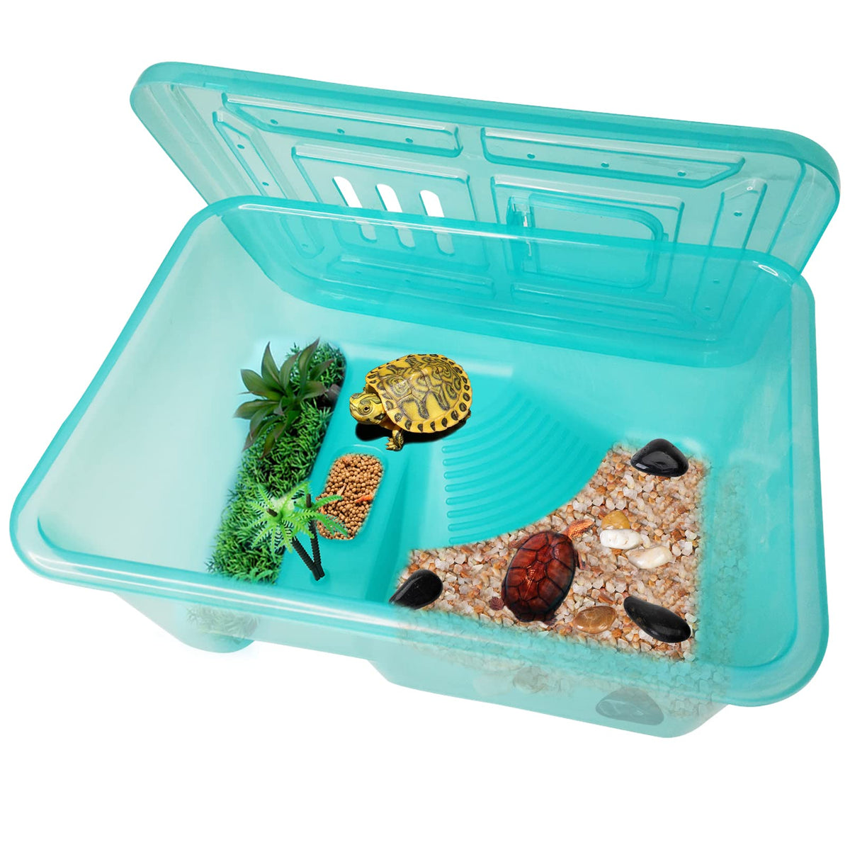 Fhiny Turtle Tank With Lid, Plastic Reptile Terrarium Turtle Breeding Box With Basking Platform Tortoise Aquarium For Crayfish H