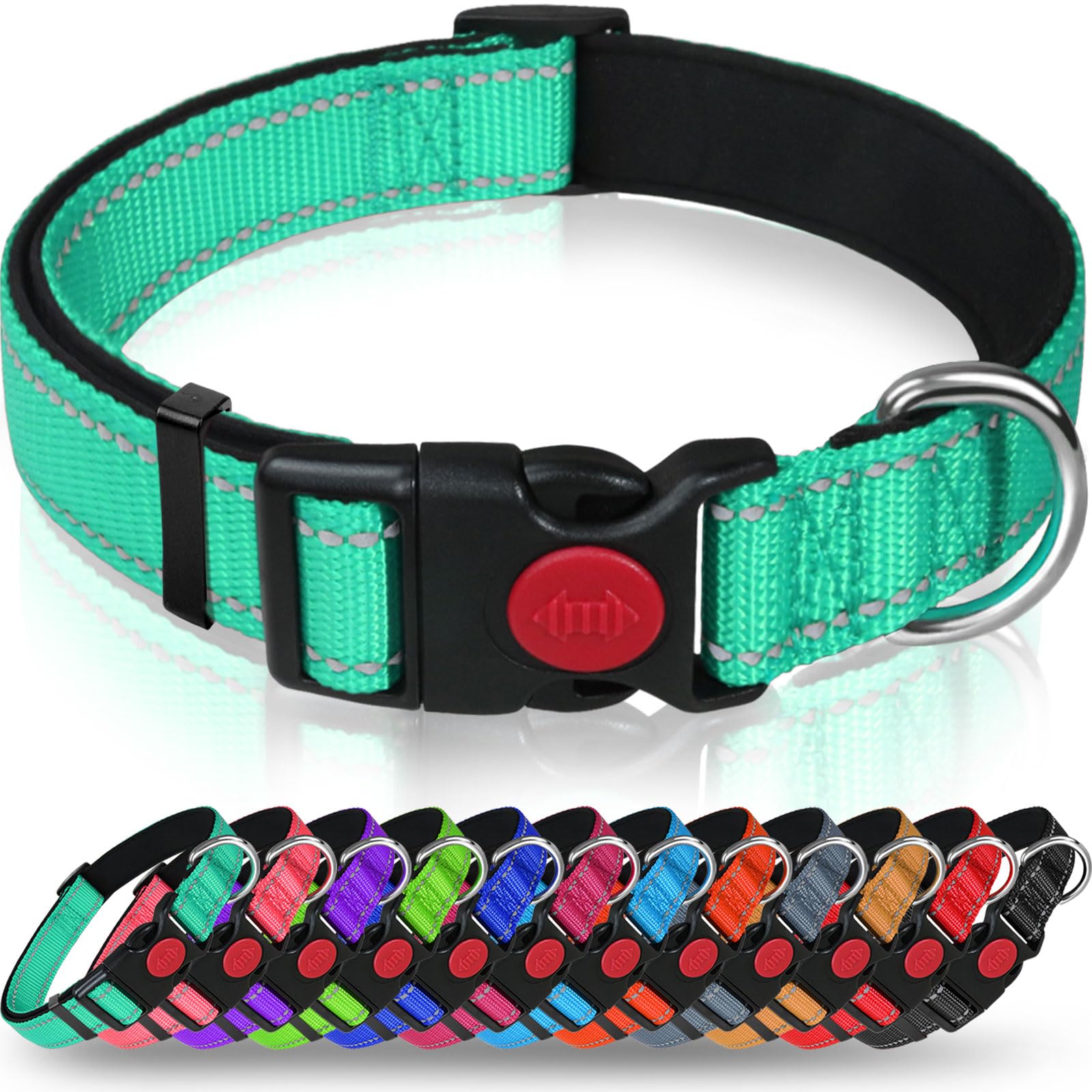 Taglory Reflective Dog Collar With Safety Locking Buckle, Adjustable Nylon Pet Collars For Extra Large Dogs Female Male, Turquoise, Xl