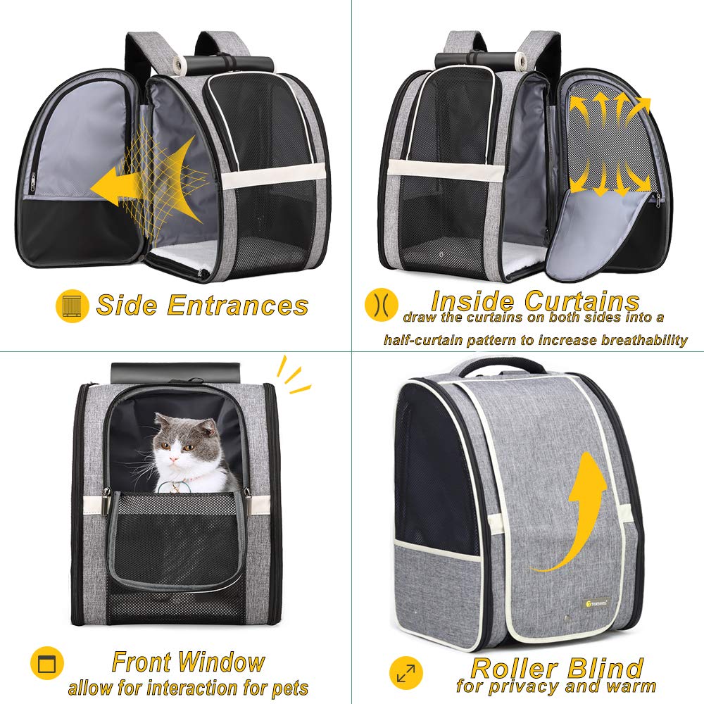 Texsens Pet Carrier Backpack With Window Blind For Small Cats Dogs, Ventilated Design, Safety Straps, Buckle Support, Collapsibl