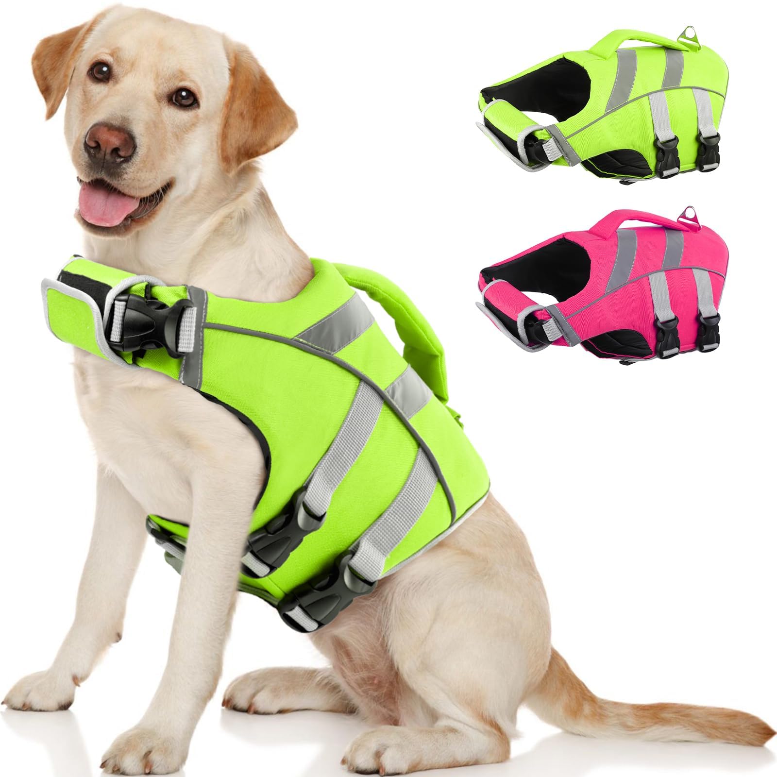Kuoser Small Dog Life Jacket With Reflective Stripes, Adjustable High Visibility Dog Life Vest For Swimming & Boating, Green Xs