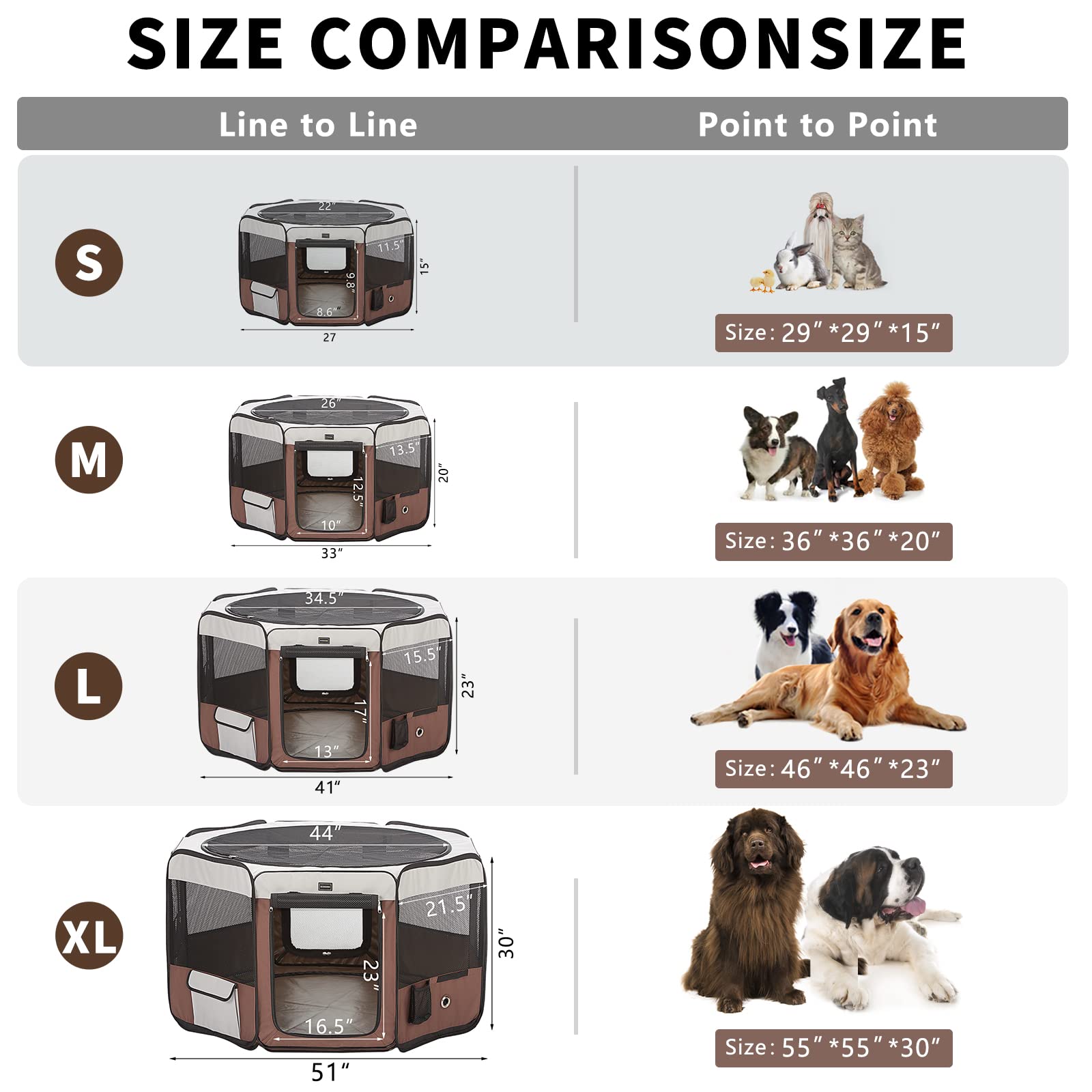 Donoro Dog Playpen 29' Portable Pet Play Pens For Small Dog/Cat/Rabbit/Chicks, Foldable Exercise Kennel Tent Crate Indoor/Outdoor Travel Camping, Removable Top/Bottom (Brown, Small (29'X29'X15'), 8)