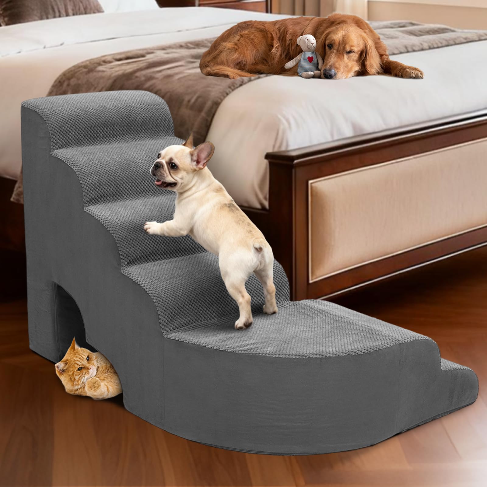 Dog Stairs for High Beds, 6 Steps Soft Foam Pet Stairs for Bed 27-30 inches, L Shaped Dog Steps, Non-Slip Sturdy Pet Stairs, 30D
