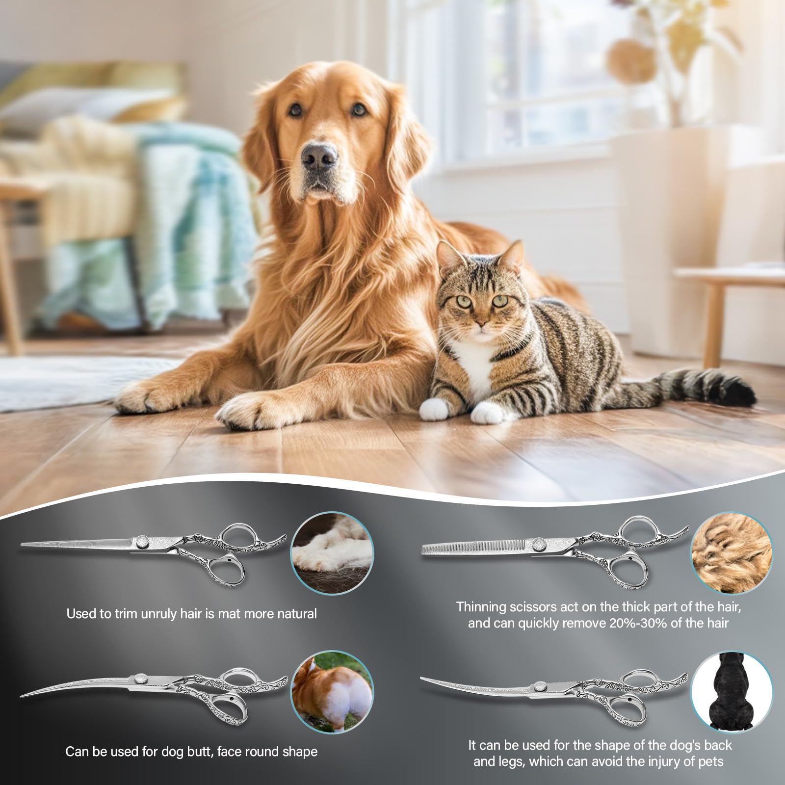 Citywish Dog Grooming Scissors,Silver With Safety Round Tips,5 In 1 Curved Dog Scissors For Grooming,Professional Pet Grooming S