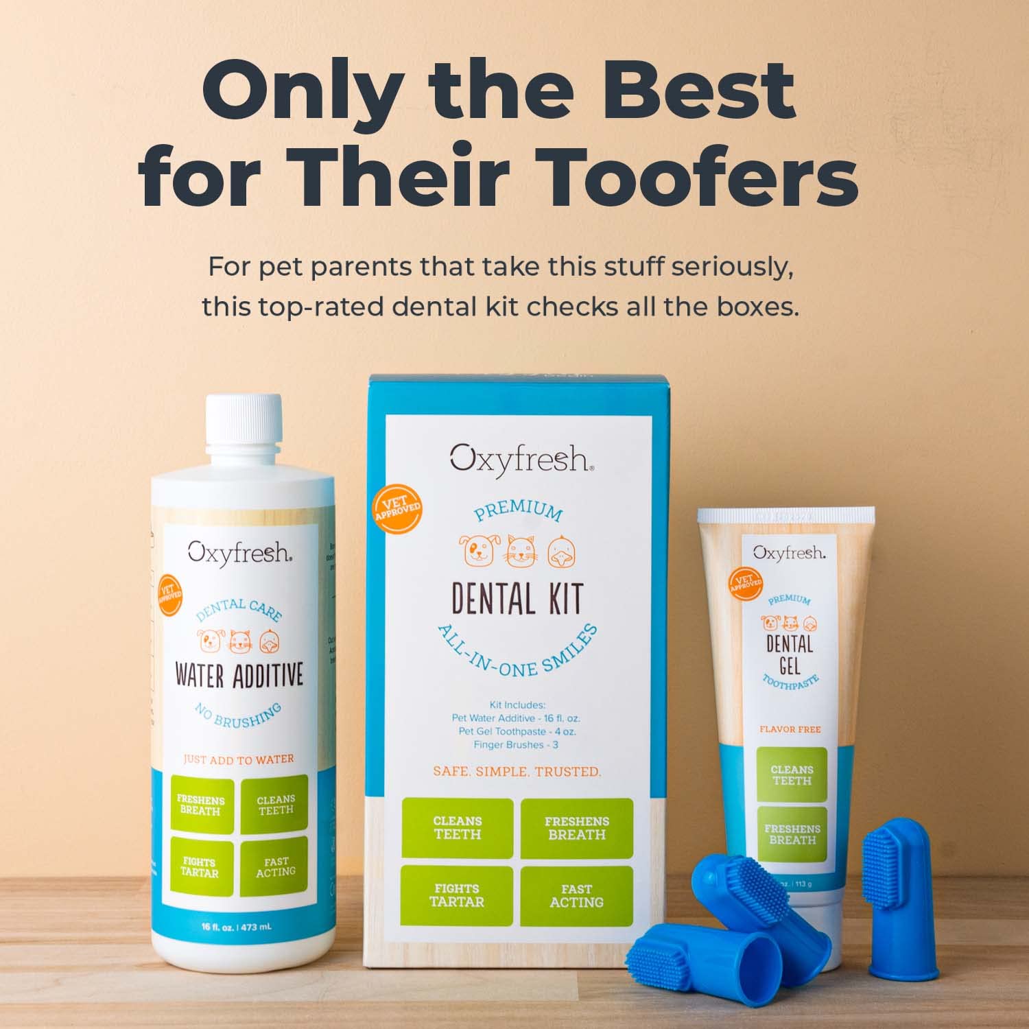 Oxyfresh Premium Pet Dental Kit For Dogs & Cats - Easy Solution For Pet Fresh Breath, Clean Teeth, Control Plaque & Tartar - Vet Formulated Pet Toothpaste, 1Oz + Water Additive, 3Oz + 3 Lg Brushes Kit