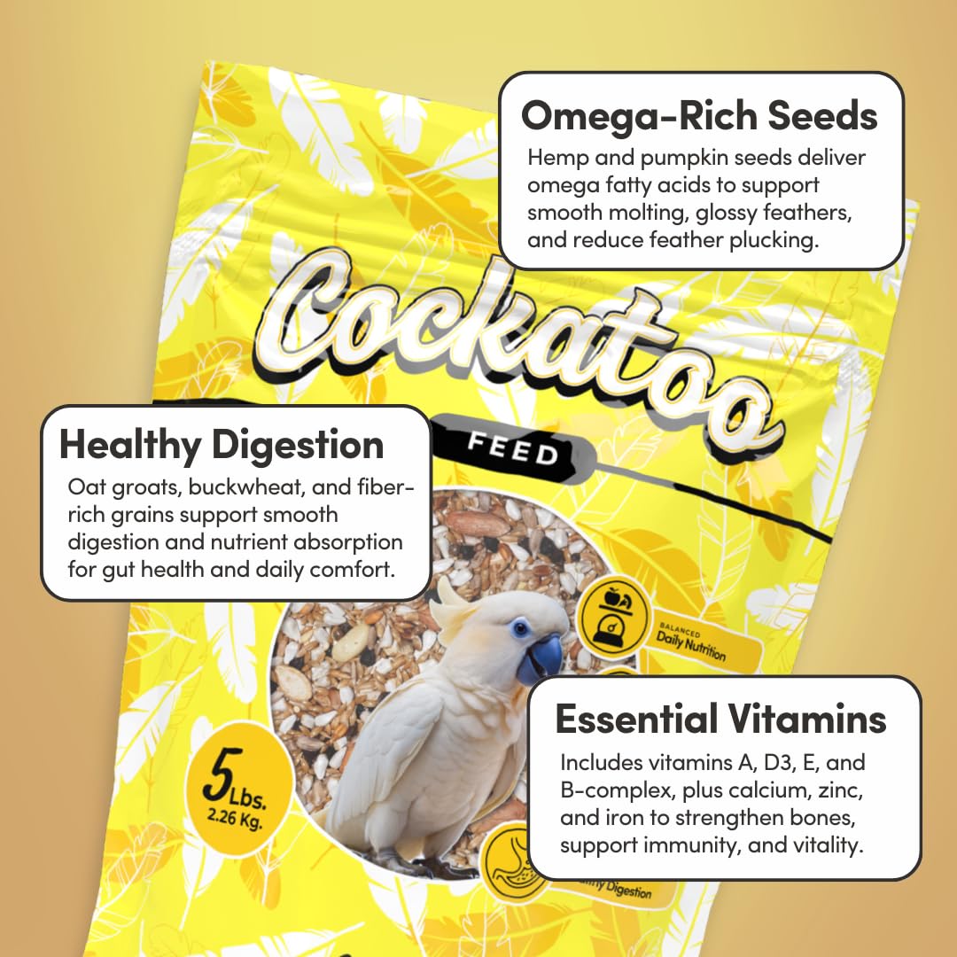 Mycelium Organic Cockatoo Bird Seed (5 LB Bag) | High-Protein Bird Food with Seeds, Pellets & Kibble | Supports Feather Health,