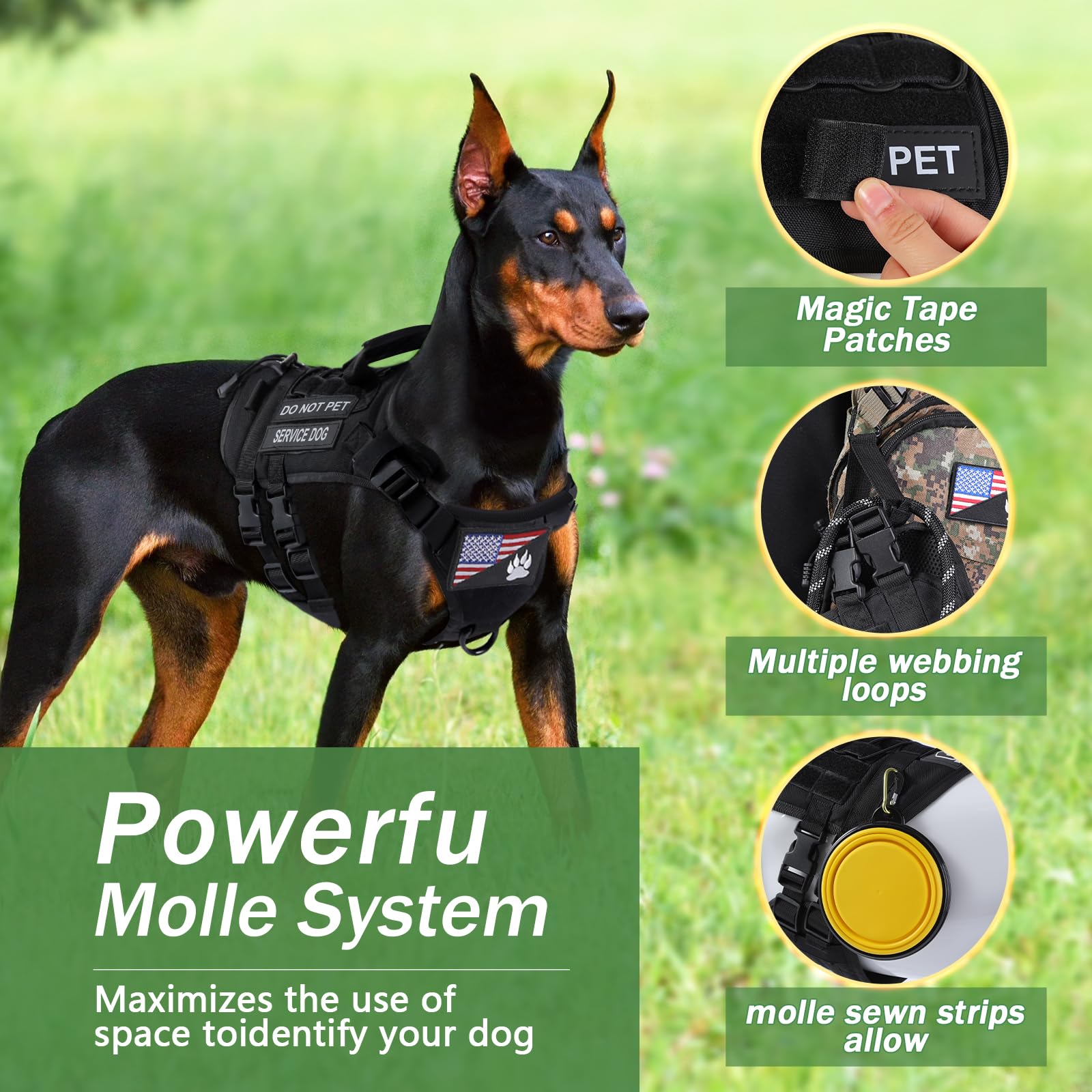 Yungaspy No Pull Tactical Dog Harness for Large Dogs, Escape Proof Molle Dog Vest Harness and Leash Set, Adjustable Military Ser