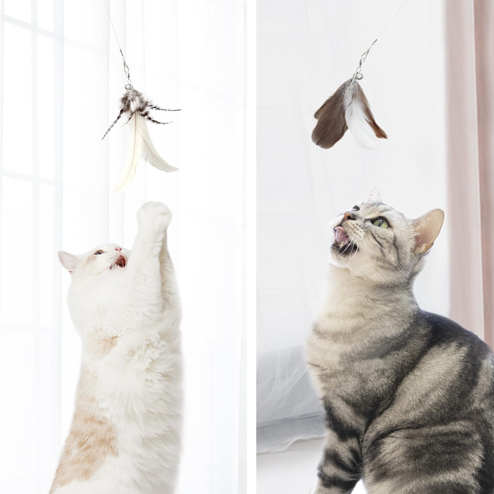 Songway Cat Feather Toys Wand - 7 Pcs Interactive Cat Toys For Indoor Cat Kitten, Retractable Cat Wand Toy With 6 Natural Feather Refills With Bell, Cat Fishing Pole Toy