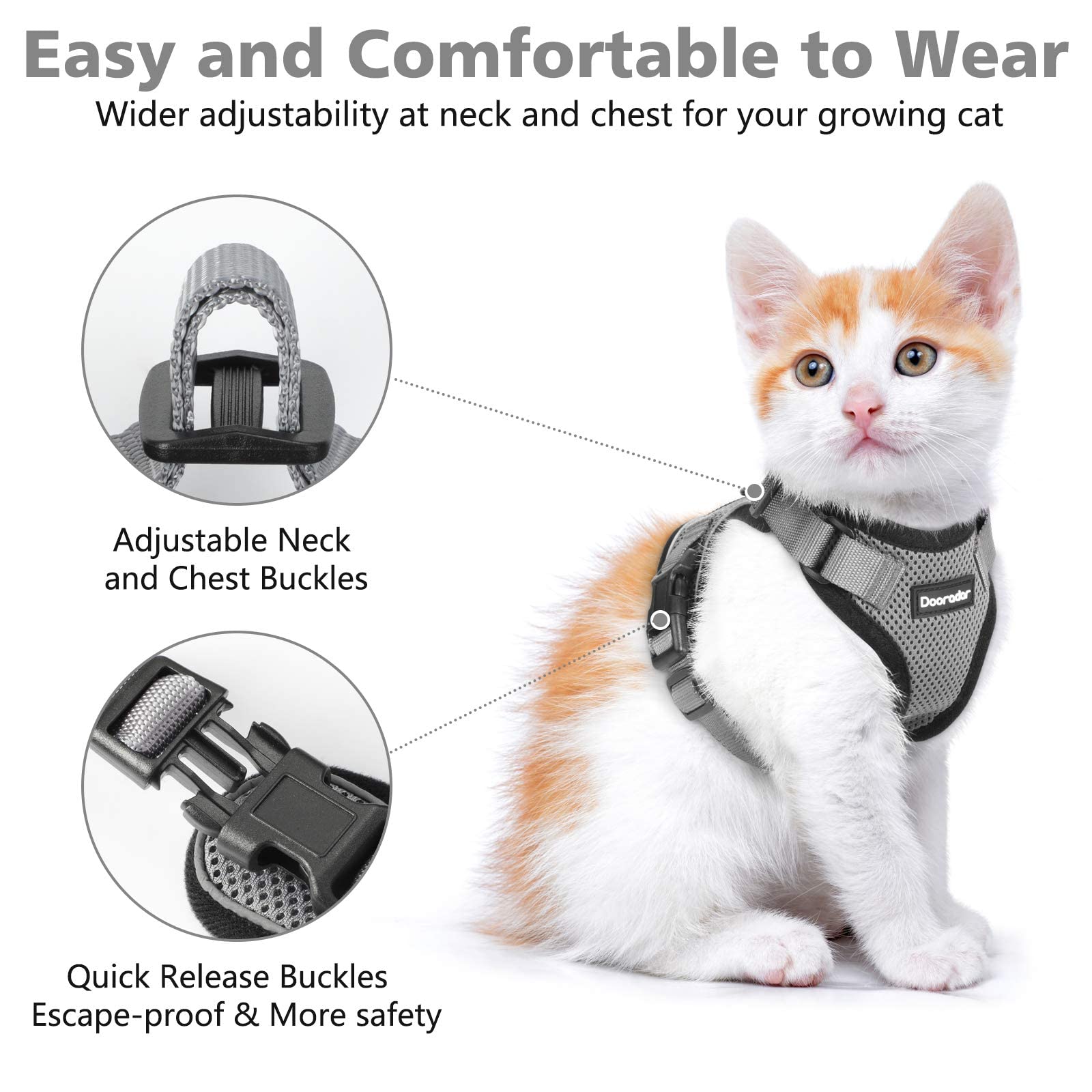 Dooradar Cat Harness And Leash Set, Escape Proof Safe Adjustable Kitten Vest Harnesses For Walking, Easy Control Soft Breathable Mesh Jacket With Reflective Strips For Cats, Grey, S
