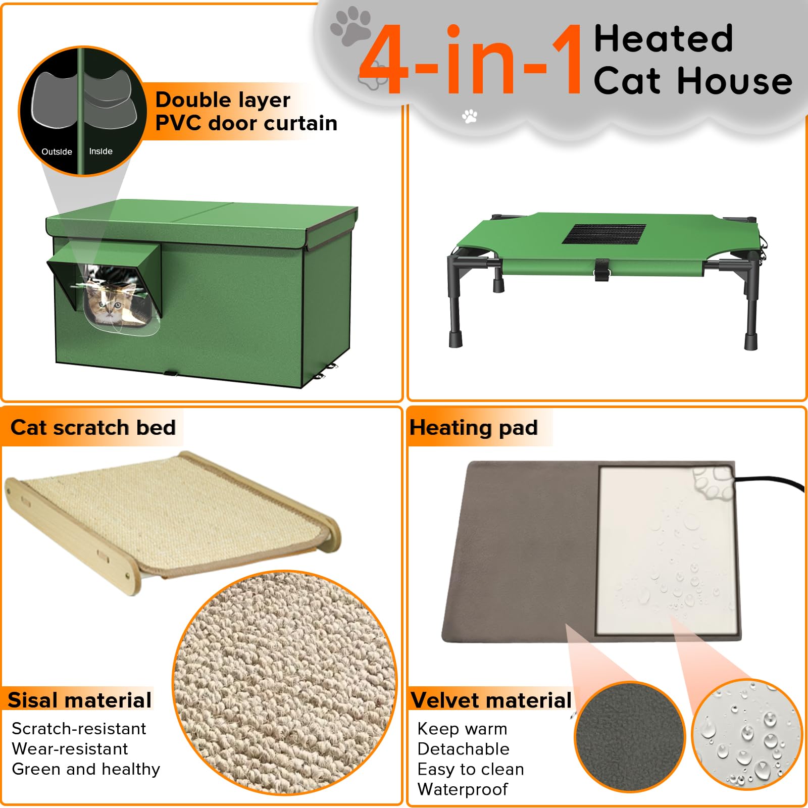 4-In-1 Heated Cat House For Outside With Heating Pad, Scratching Bed And Elevated Bed, Waterproof Windproof Tpu Rain Cover, Larg