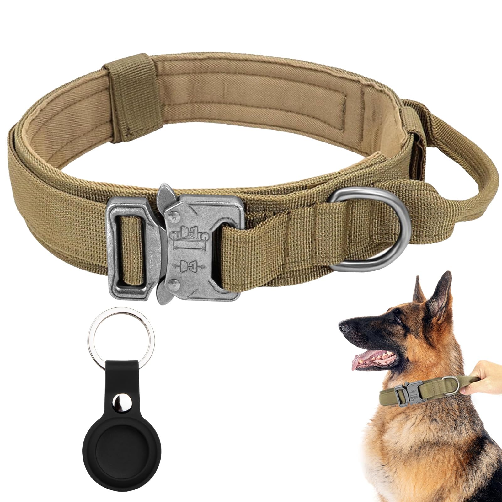 Tactical Adjustable Military Dog Collar - Nylon With Control Handle & Heavy Metal Buckle For Medium & Large Dogs (L, Brown) With