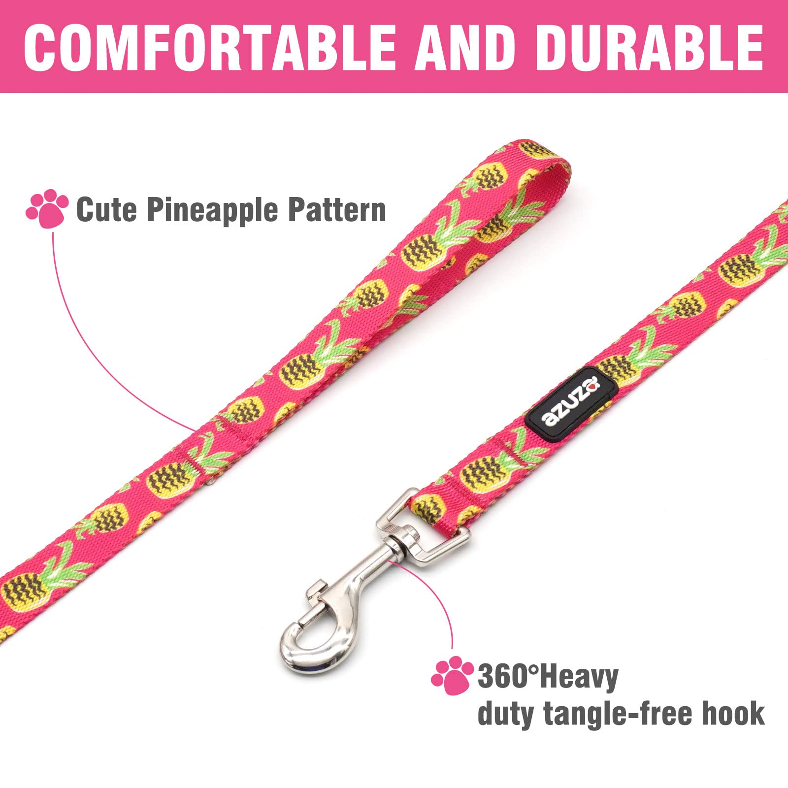 Azuza Dog Collar And Leash Set, Pineapple Patterns On Nylon Collar And Matching Leash, Great Option For Medium Dogs