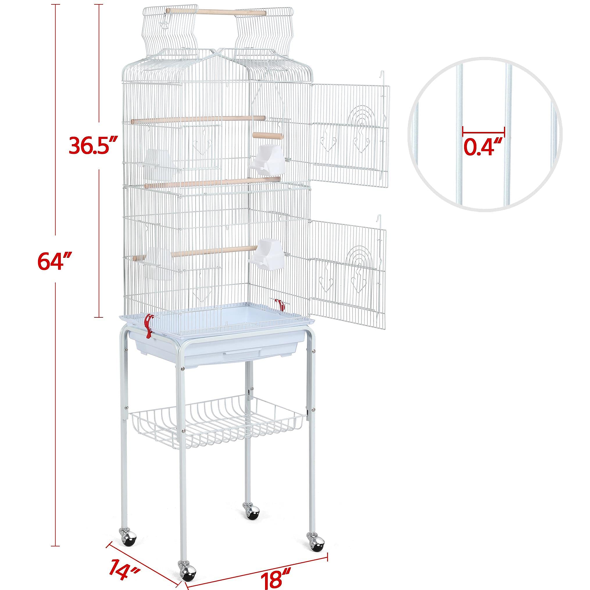 Yaheetech 64-Inch Open Play Top Bird Cages For Parakeets Cockatiels Finches Lovebirds Canaries Conures Budgies Parrot Birdcage W/Detachable Rolling Stand, White