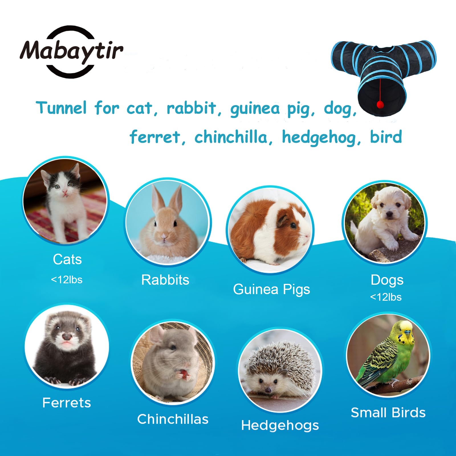 Mabaytir Collapsible Cat Tunnel for Indoor Cats 3 Way Black, Portable Play Tube with Peepholes, Perfect for Kittens, Rabbit & Sm