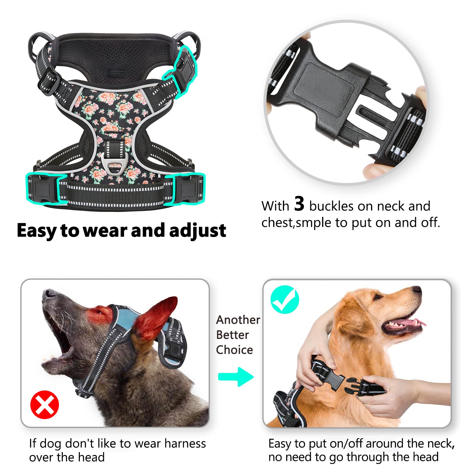 Timos Dog Harness, No Need Go Over Dogs Head 3 Snap Buckles With 2 Leash Clips, Adjustable Soft Padded No-Pull Dog Harness, Refl