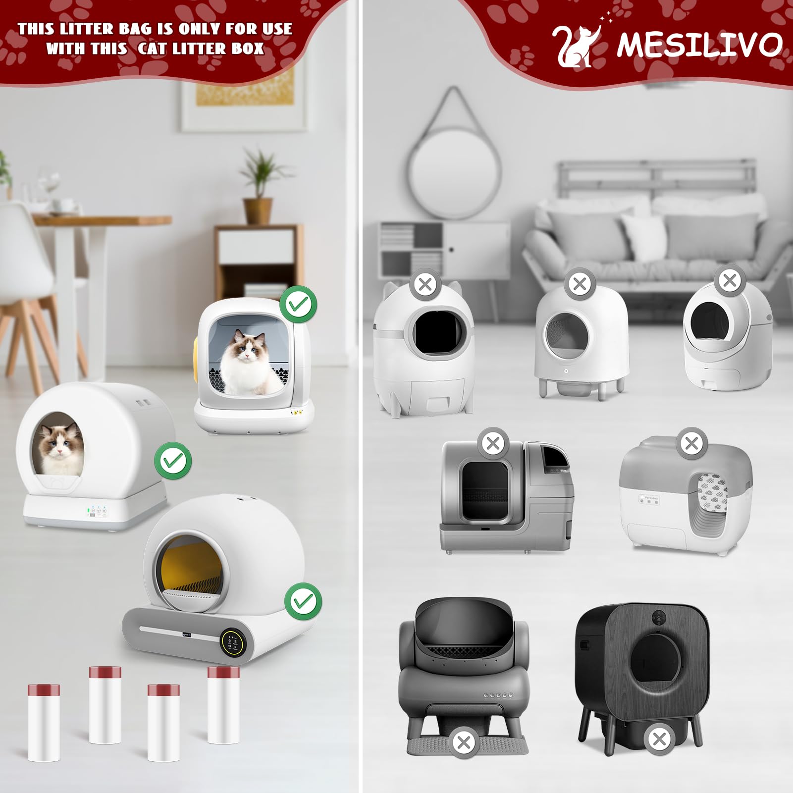 80 Count Self-Cleaning Litter Box Liners For Meowant Mw-Sc01/Mw-Sc02, Extra-Thick Drawstring Trash Bags 17.7X19.68 In, Odor-Proo