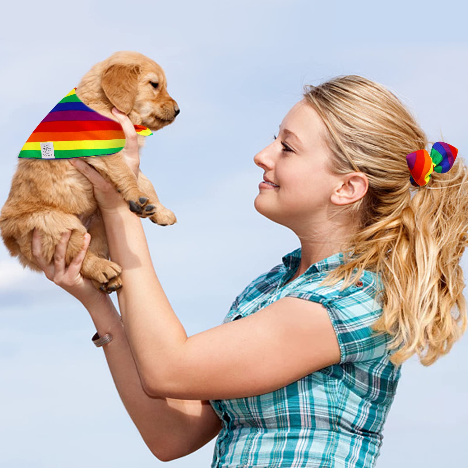 E-Clover Pride Dog Bandanas & Matching Scrunchie Set Rainbow Dog Bandana Scarf With Hair Tie For Medium Large Dogs Pet Owner Mom