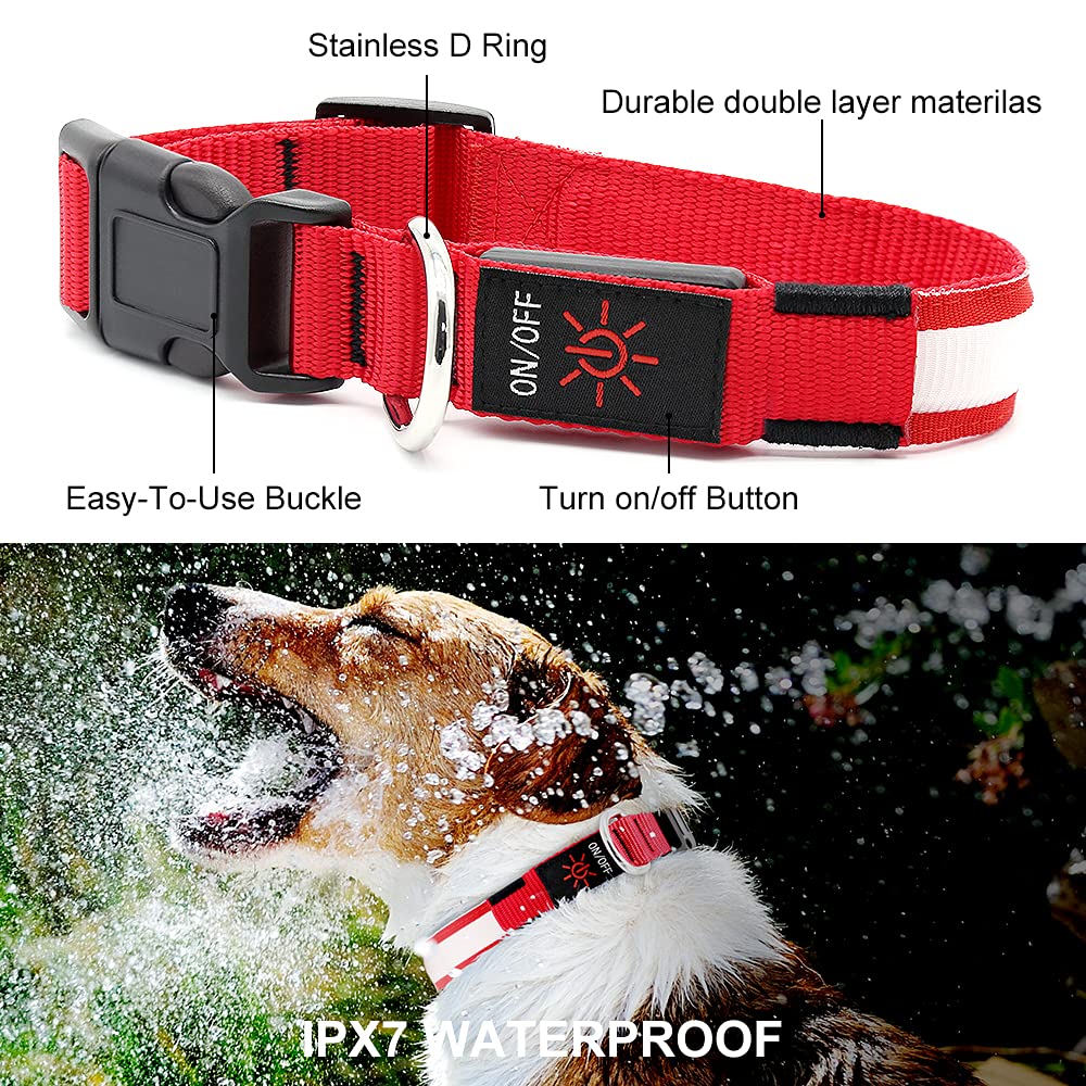 Yfbrite Ultra Light Usb Rechargeable Led Dog Collar - Adjustable Light Up Dog Collar - Waterproof Dog Collar - Flashing Dog Collar Visiblity & Safety For Your Dogs (Red, Small)