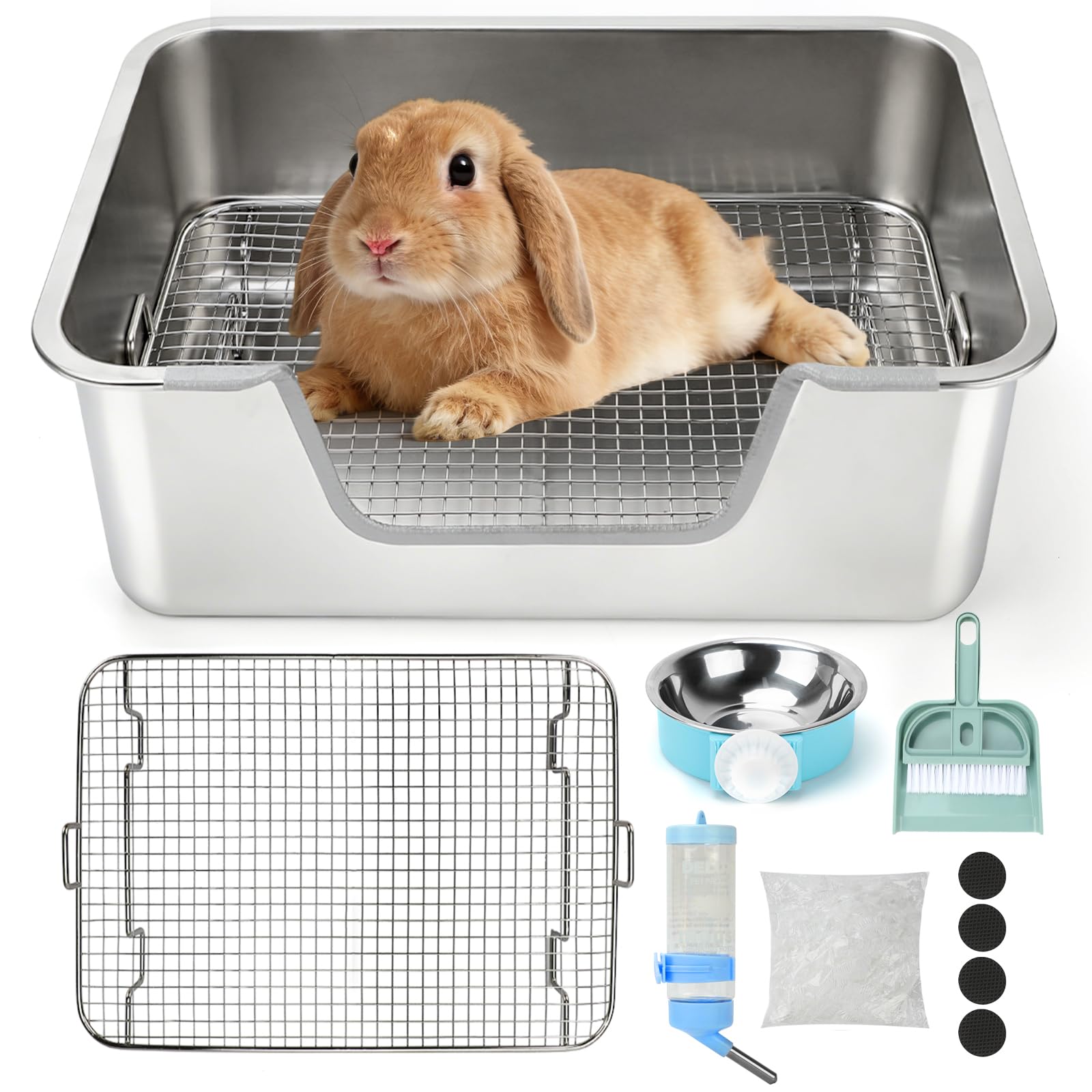 Rypet Large Rabbit Litter Box, Bunny Litter Box High Side with 304 Stainless Steel Sifting Tray, Metal Small Animal Litter Pan w