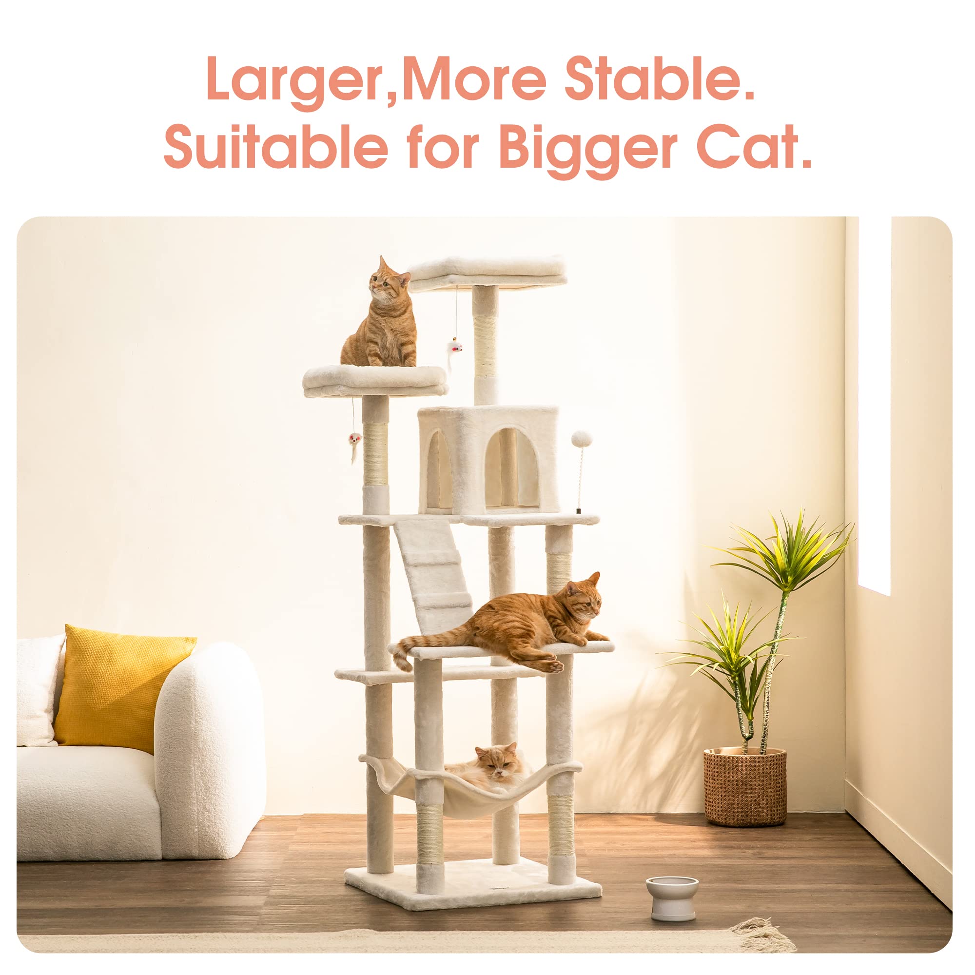 Mwpo 70.1-Inch Large Cat Tree, Multi-Level Tall Cat Tower For Indoor Cats, Plush Cat Condo With Big Padded Perches, Sisal-Covered Scratching Posts, Hammock, Toys For Kittens & Cats - Beige