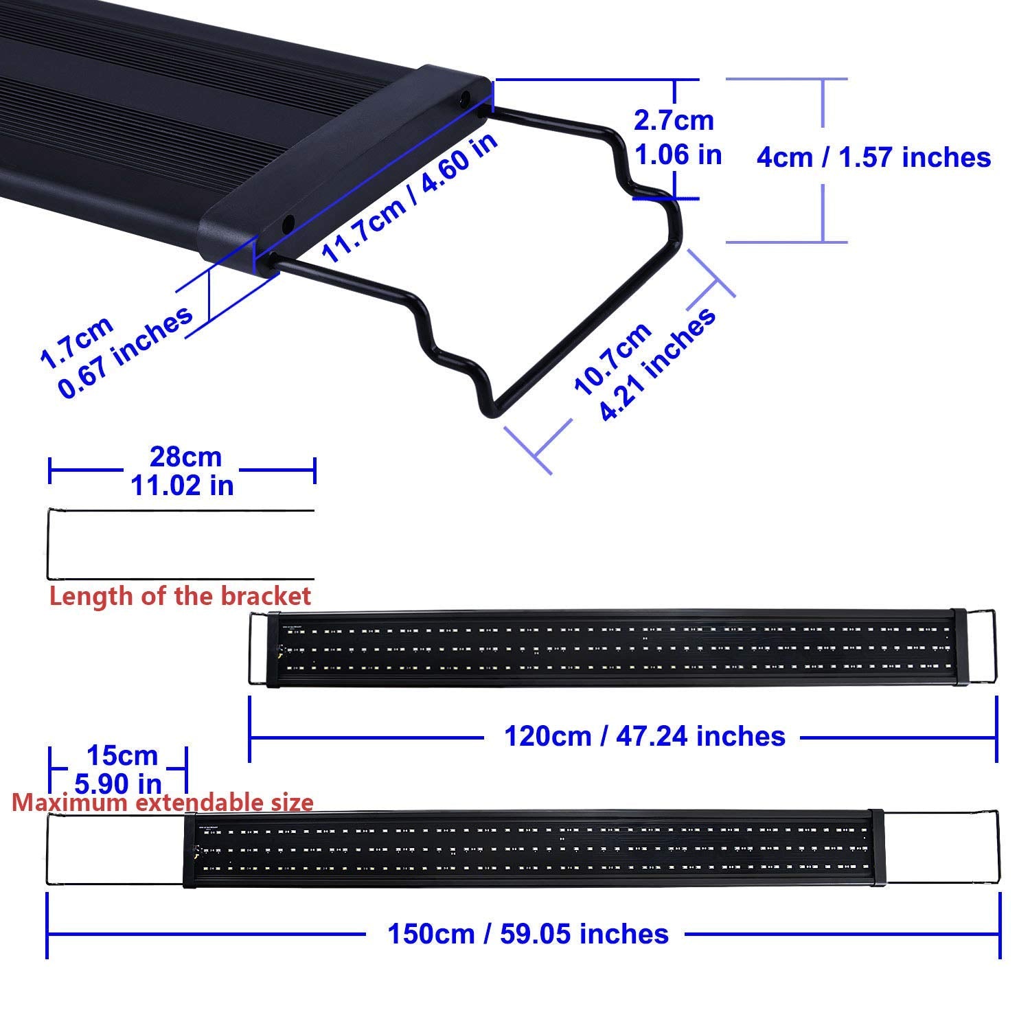 KZKR Aquarium Hood Lighting Fish Tank Light 48-60 inch lamp for Freshwater Saltwater Marine Blue and White Decorations Light 120