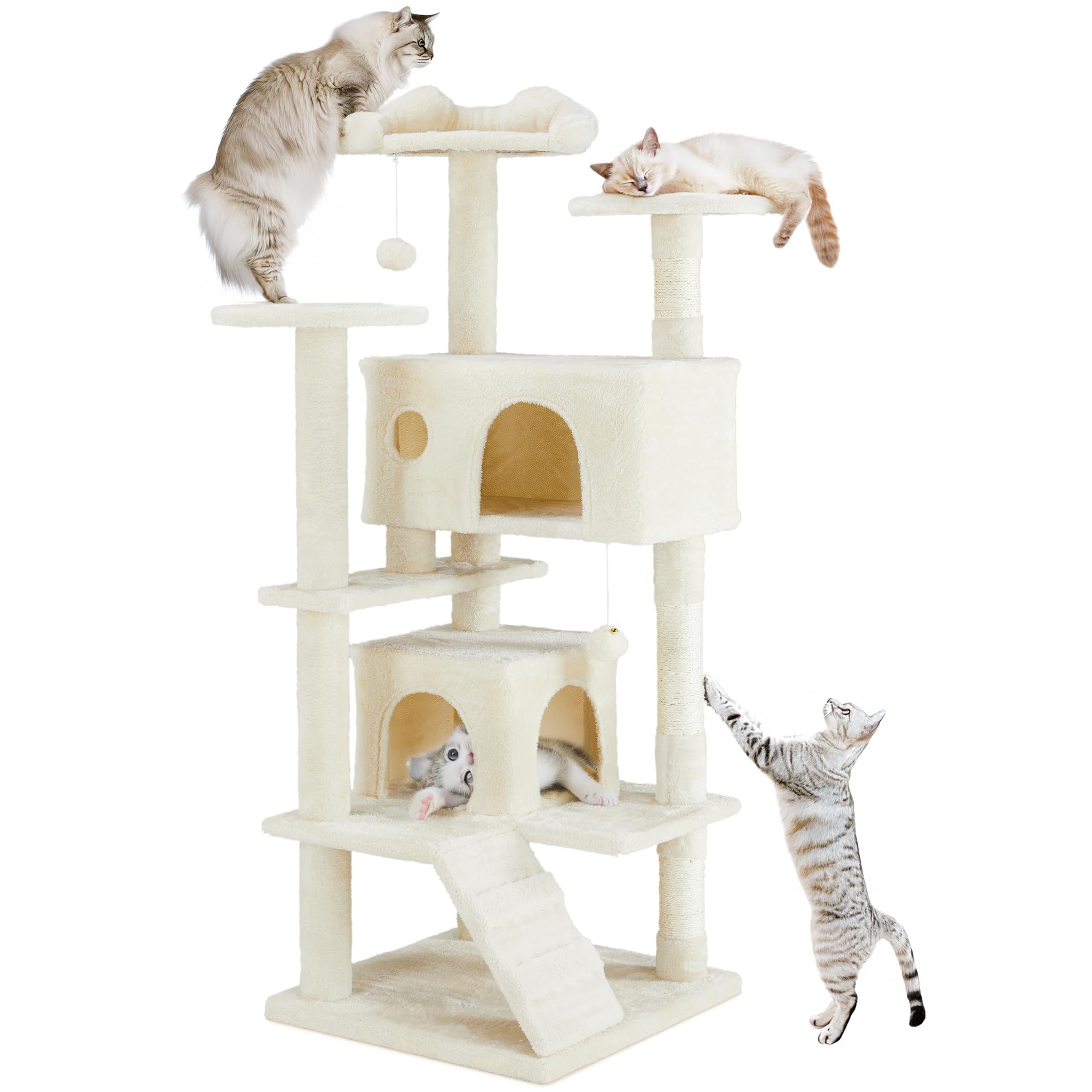 54 Inches Cat Tower Condo Furniture, Cat Tree Tower For Indoor Cats, Cozy Hammock And Sisal Scratching Posts, Multi-Level Durabl