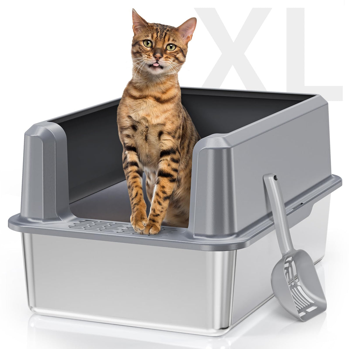 Suitfeel Enclosed Stainless Steel Cat Litter Box With High Side, Xl Large For Big Cats, Easy Clean Metal With Scoop