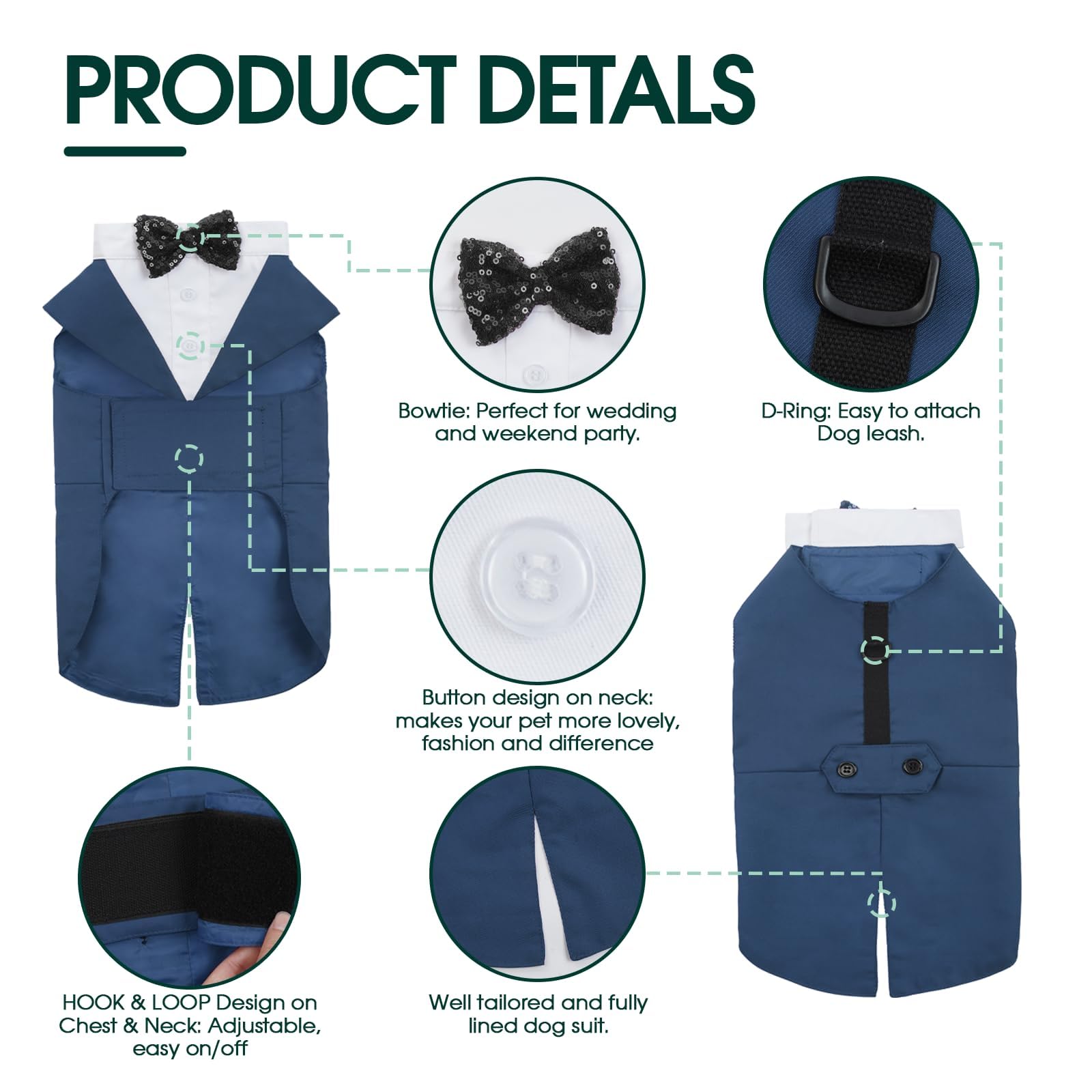 Kuoser Dog Tuxedo Dog Suit And Bandana Set, Dogs Tuxedo Wedding Party Suit, Doggy Prince Bow Tie Shirt Formal Pet Wedding Attire