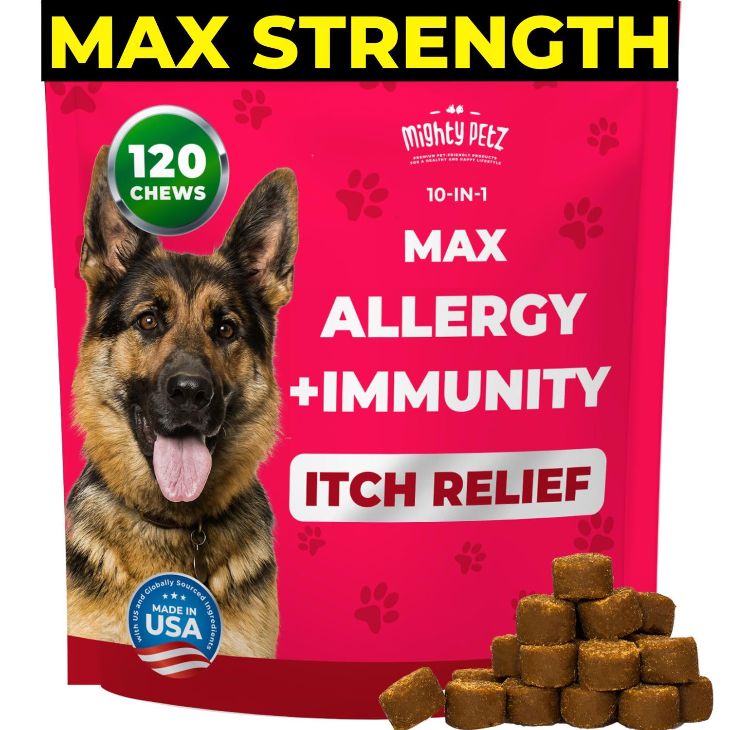 Mighty Petz MAX Dog Allergy Relief Chews - Itch Relief with Colostrum, Probiotics & Immune Support for Seasonal Allergies & Itch