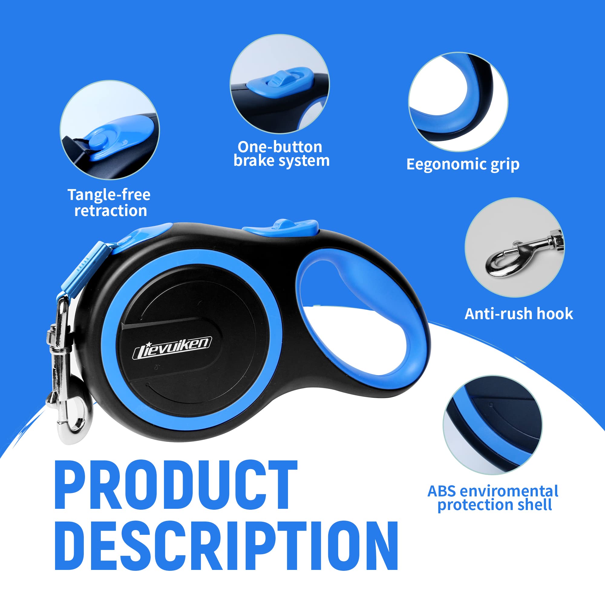 Lievuiken 16 Ft Retractable Dog Leash With No Tangle For Dog Up To 44Lbs, One-Handed Brake, With Non-Slip Handle, Strong Nylon T