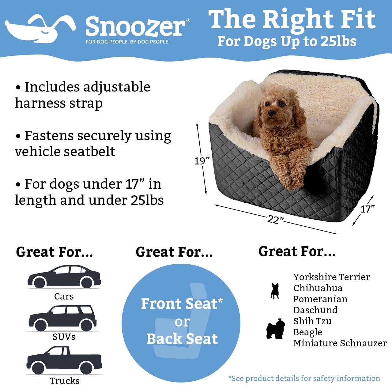 Snoozer Dog Car Seat, Lookout I Dog Booster Car Seat For Small Dogs Under 25Lbs, Size: Medium, Fabric: Black Quilted, Pet Car Seat To Alleviate Car Sickness For Dogs, Removable Machine Washable Cover