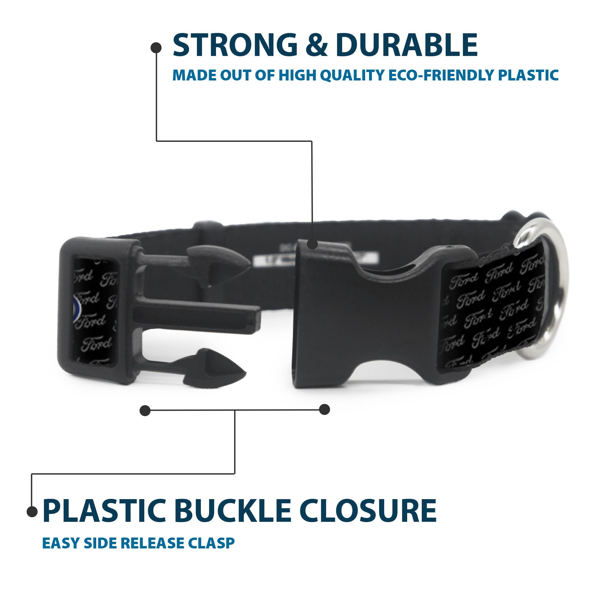 Buckle-Down ''Ford Oval Repeat W/Text'' Plastic Clip Collar, 1.5'' X 16-23''/Medium