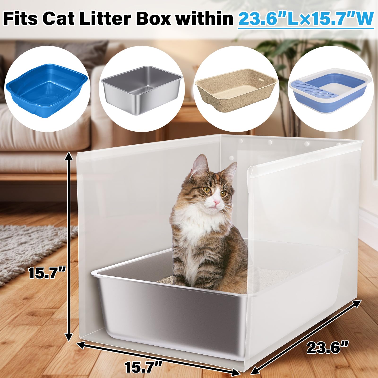 Holintan Litter Box Shield, 23.6''X15.7''X15.7''(Height) Xl Litter Box Splash Guard Without Leakage, High Sided Cat Litterbox Pe