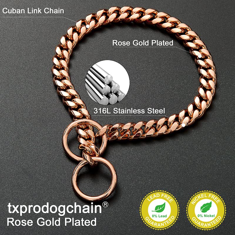 Txprodogchains 18K Gold Chain Dog Collar 10Mm Cuban Link Chain Stainless Steel Metal Links Walking Training Collar For Small Medium Large Dogs 10In To 24In, Rose Gold