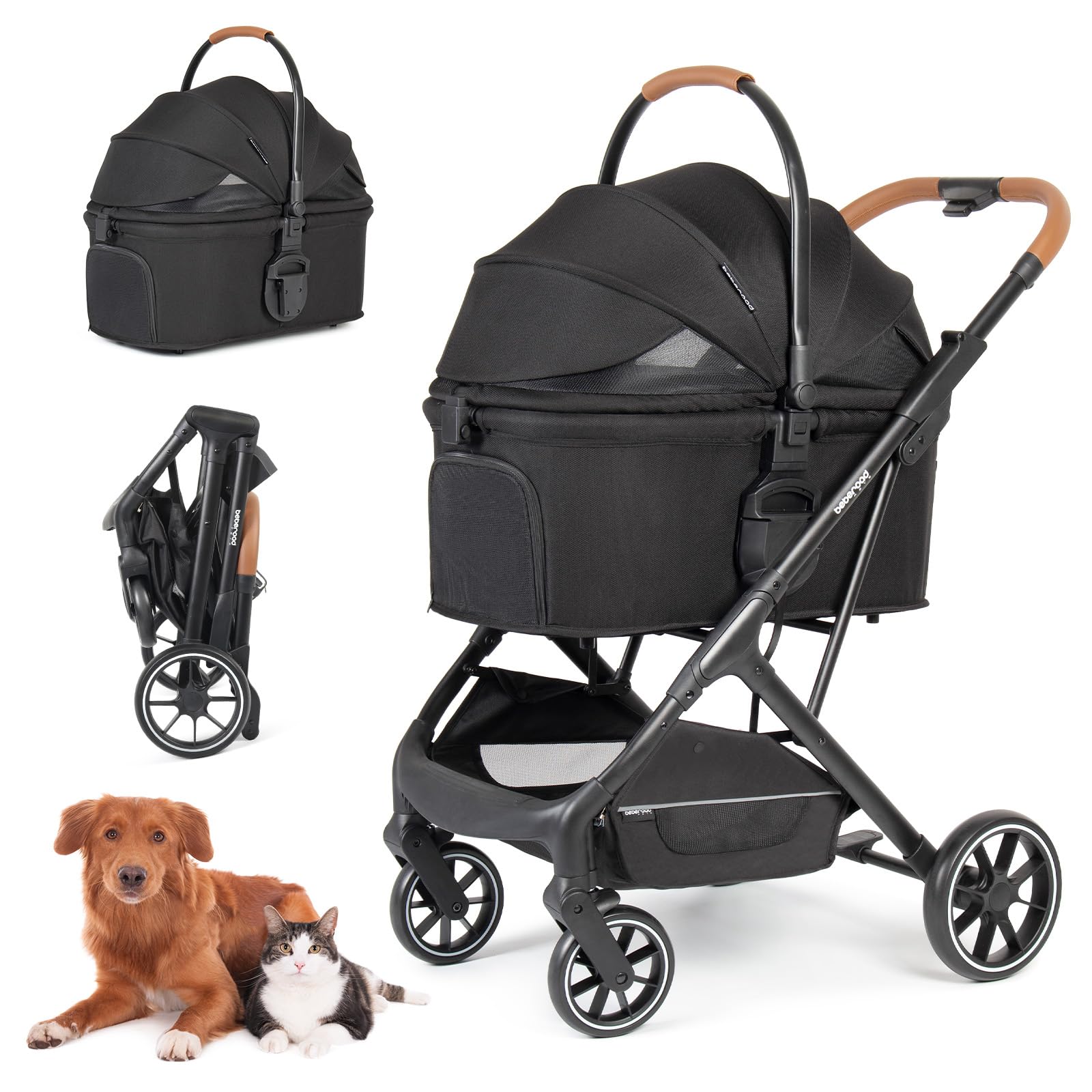 Beberoad Pets T6 Luxury Pet Stroller For Medium Dog Under 66Lbs Or 2 Small Dogs & Cats, Foldable And Carrier -Detachable (Black)