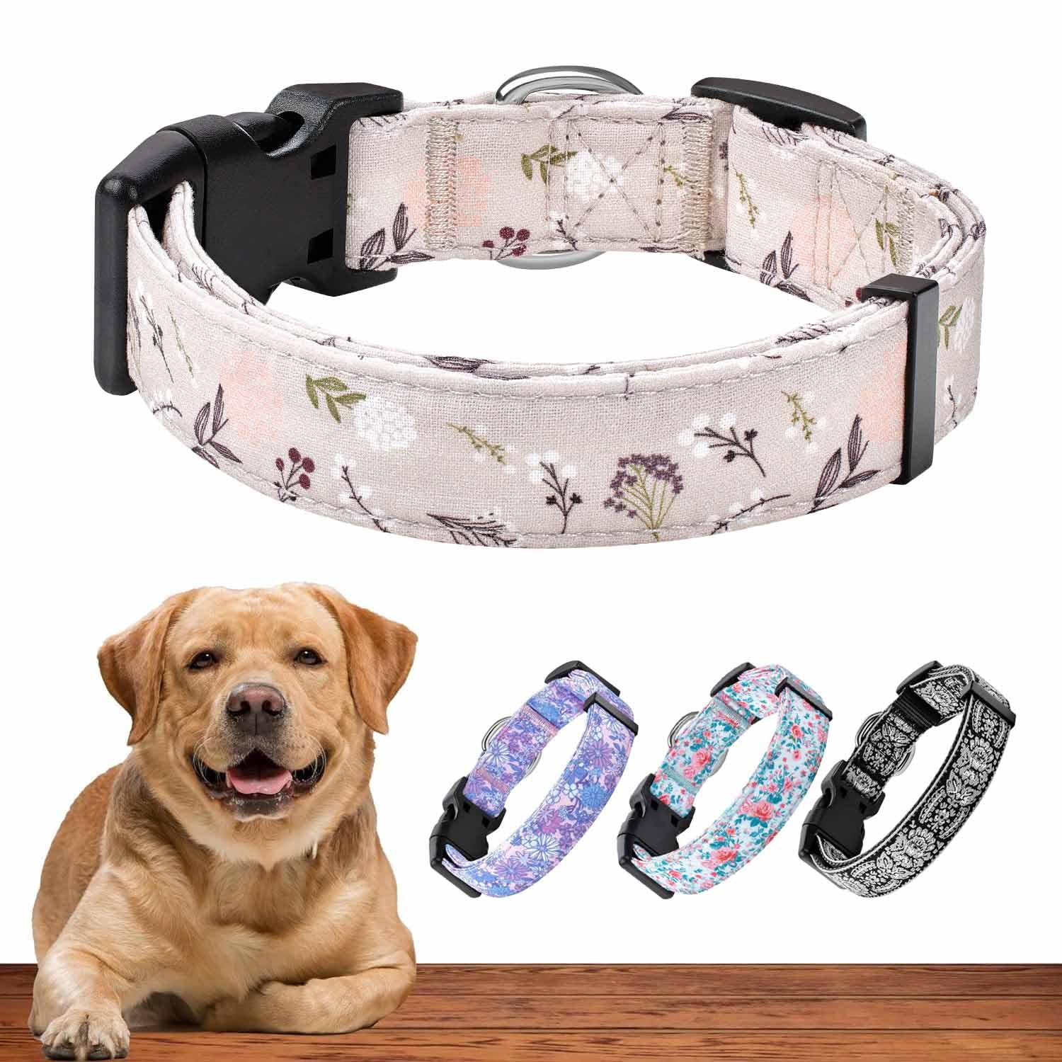 Dog Collar For Medium & Large Dogs - Flowers Cotton Padded Pattern On Long Lasting, Adjustable, Strong And Durable Collars - Cho