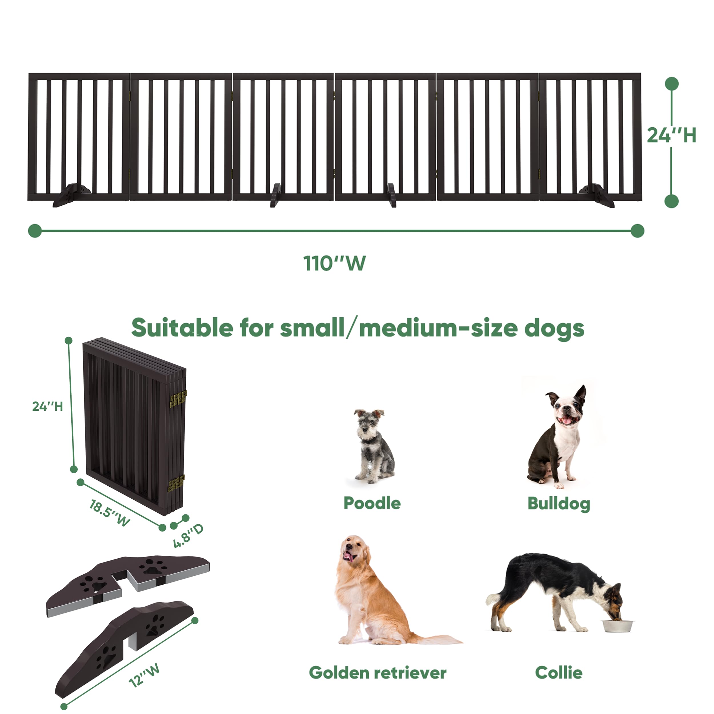 Brown Freestanding Foldable Pet Gate - 6 Panels, Metal Support Feet, Room Divider For Doorways & Bedroom