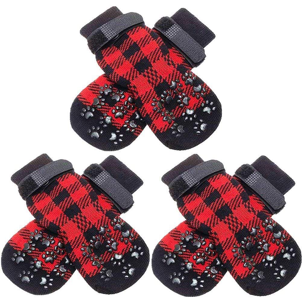 Scenereal Dog Socks Double Side Anti-Slip With Straps Traction Control 3 Pairs Set - Plaid Paw Protector For Floor Indoor, Non-Skid Design For Small Medium Dogs Cats Puppy