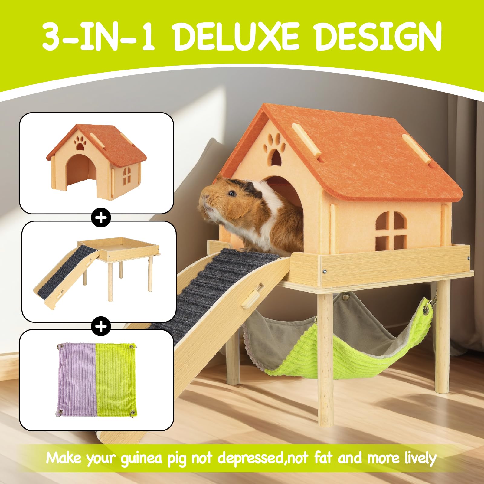 Besnew 3 In 1 Enlarged Guinea Pig Hammock,Wooden Guinea Pig Hideout With House & Platform & Stairs Small Animal Toys For Hiding