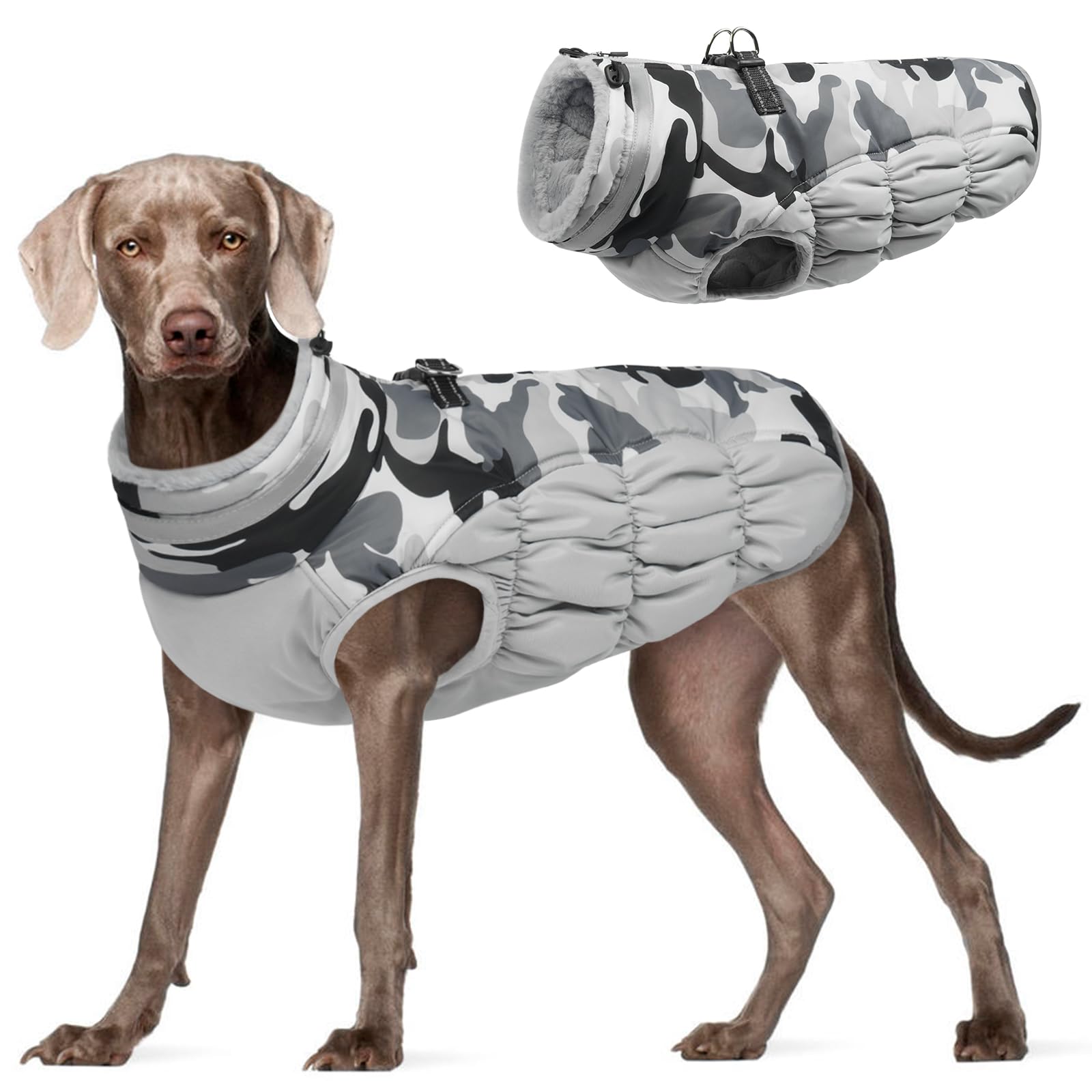 Fuamy Dog Winter Jacket, Padded Dog Vest With Built-In Harness, Water Resistant Coat - Grey Camo Xl
