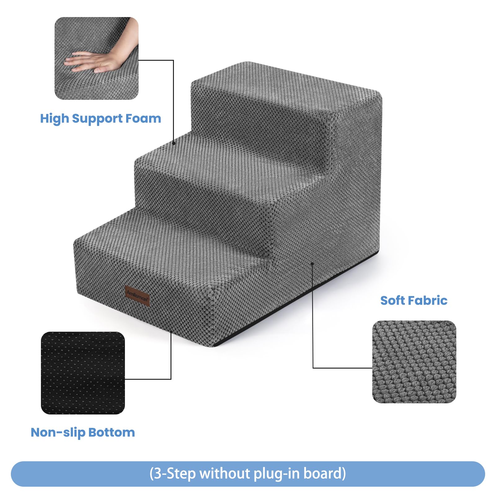 Aodisman Dog Stairs for Small Dogs & Cats,3-Step Extra Wide Non-Slip Pet Steps for Couch Sofa and Chair,Grey,15.7 H