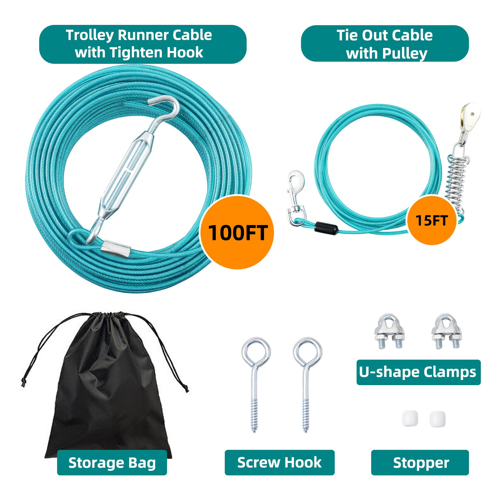 Luffwell 100Ft Dog Runner With 15Ft Pulley Tie Out - Heavy Duty For Large Dogs Up To 250Lbs - Ice Blue