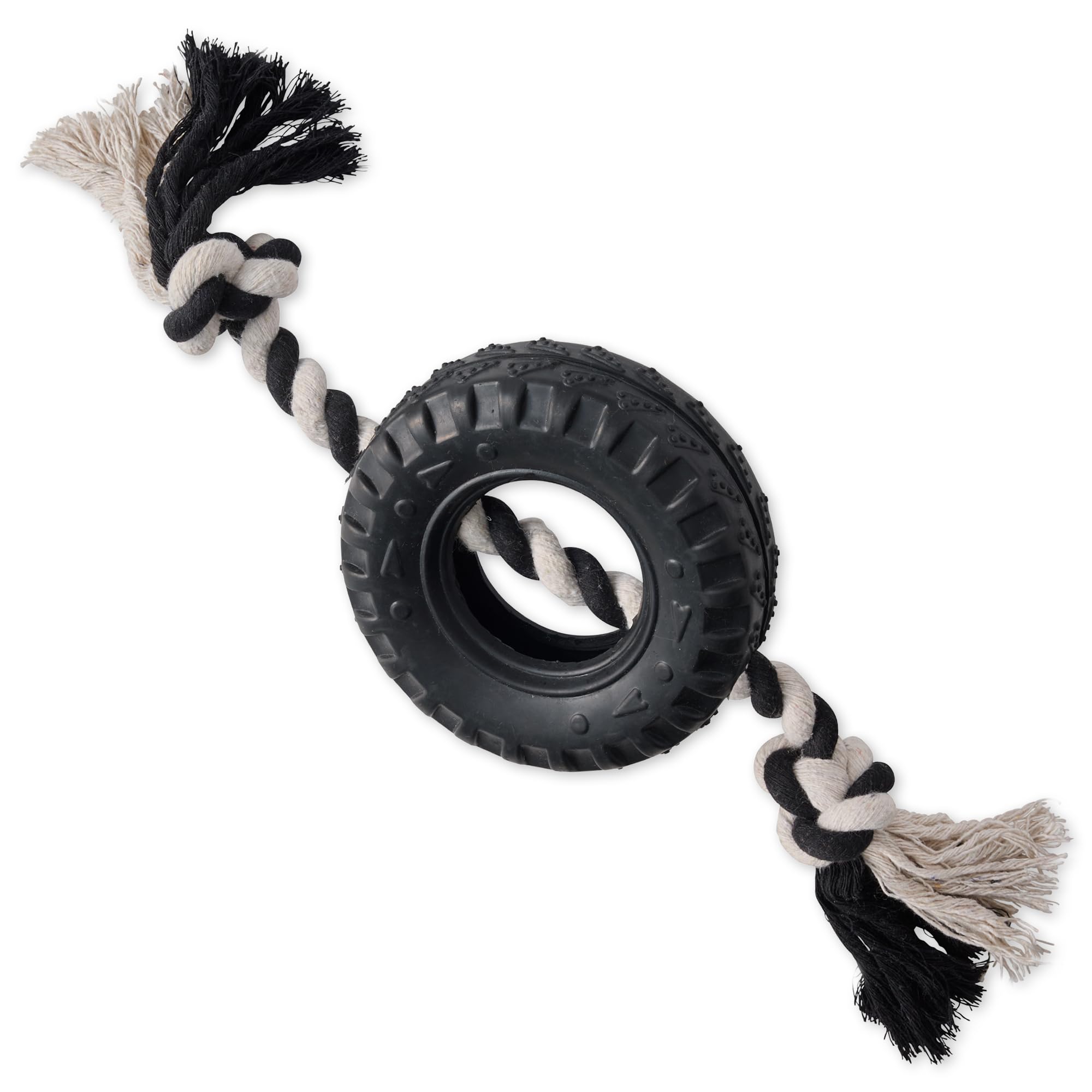 Pet Passion Natural Rubber Tire and Organic Cotton Rope Pull and Chew Dog Toy for All Pet Breeds, Black, Medium